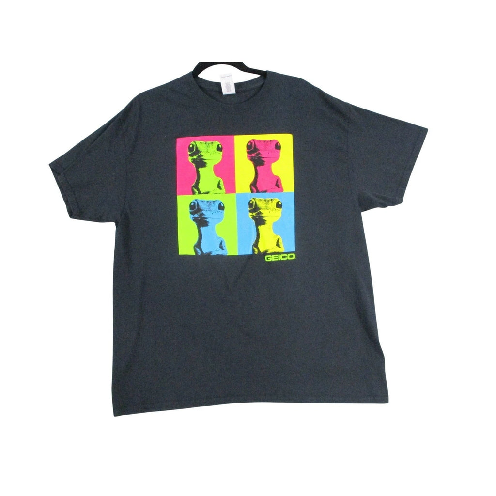 Geico Gecko Pop Art Graphic T-Shirt Mens XL Black Neon Warhol Style Promo Tee