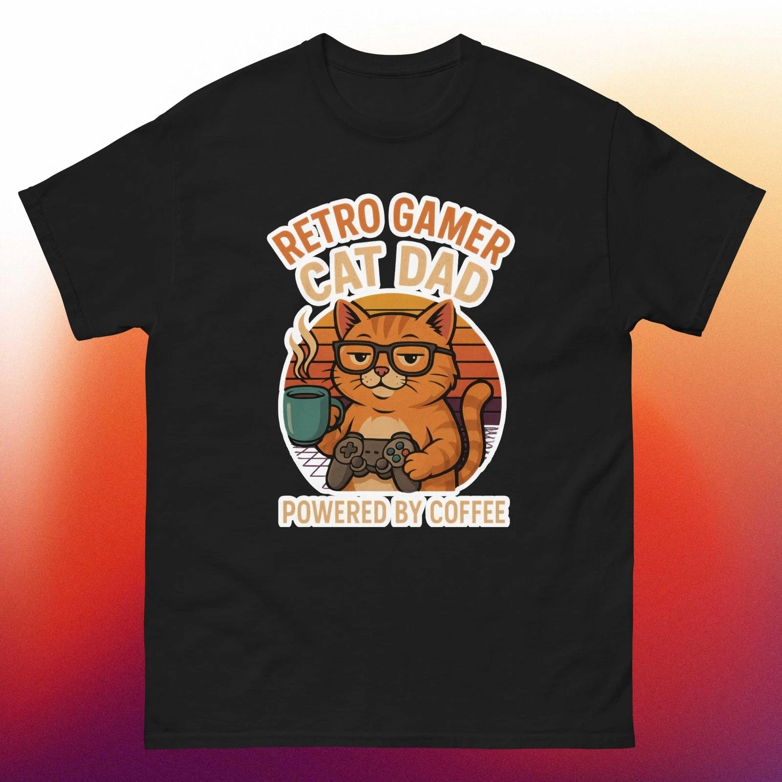 Retro Gamer Cat Dad Funny Graphic Coffee Shirt | Gaming Cat Lover Mens Top