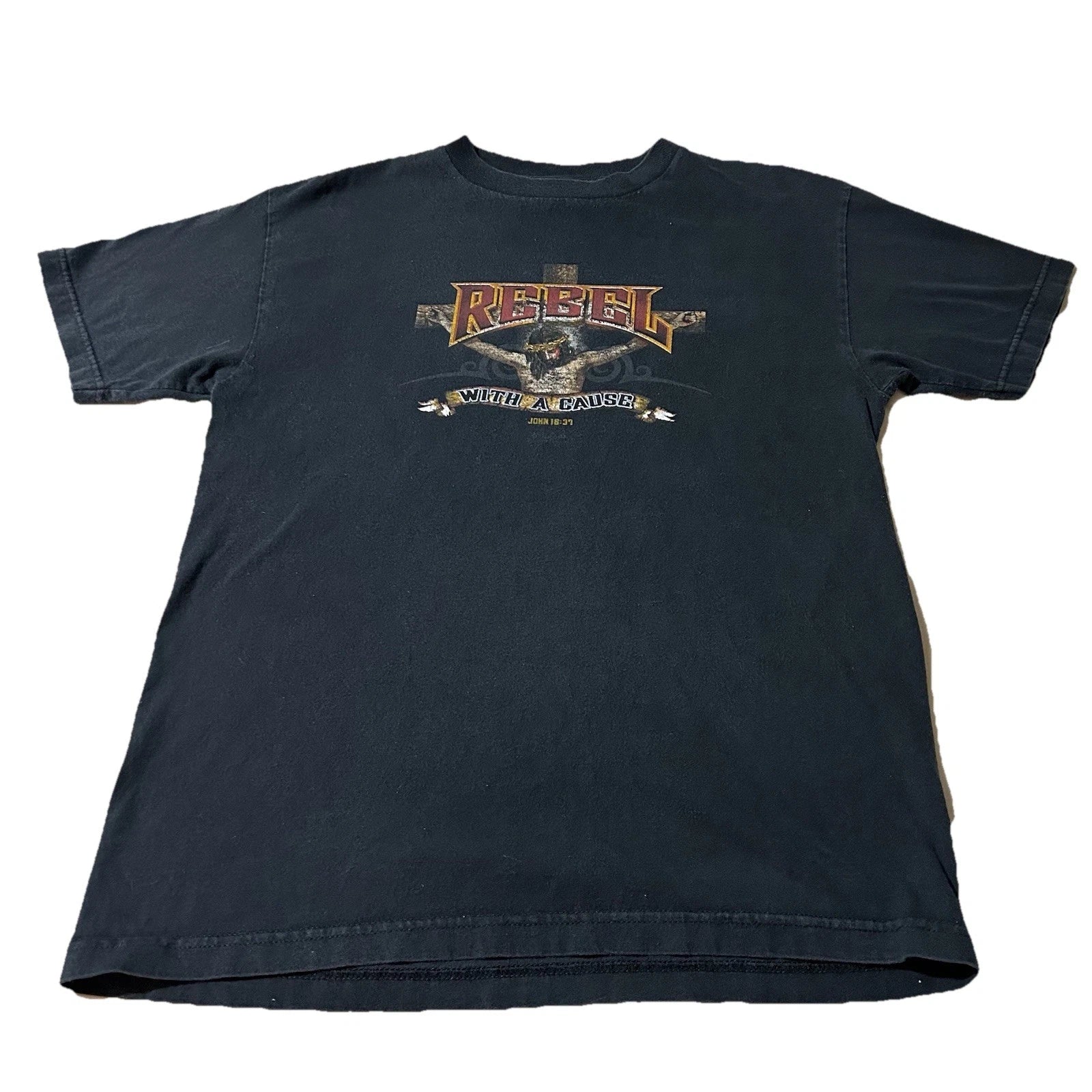 Vintage Y2K Rebel With A Cause Jesus Faded Black Biker Shirt Size Large