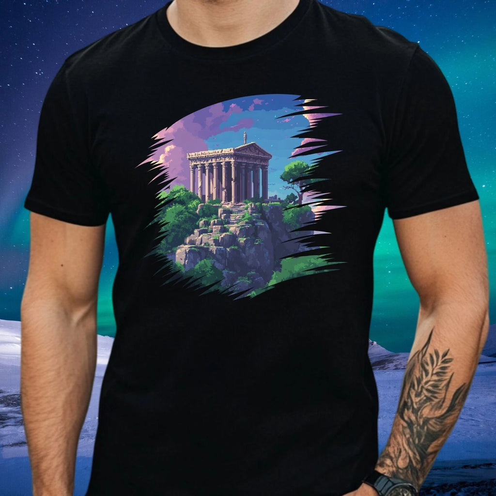 Men's Artemis Temple Pixel Art Motif Cotton T-Shirt Size S to 5XL