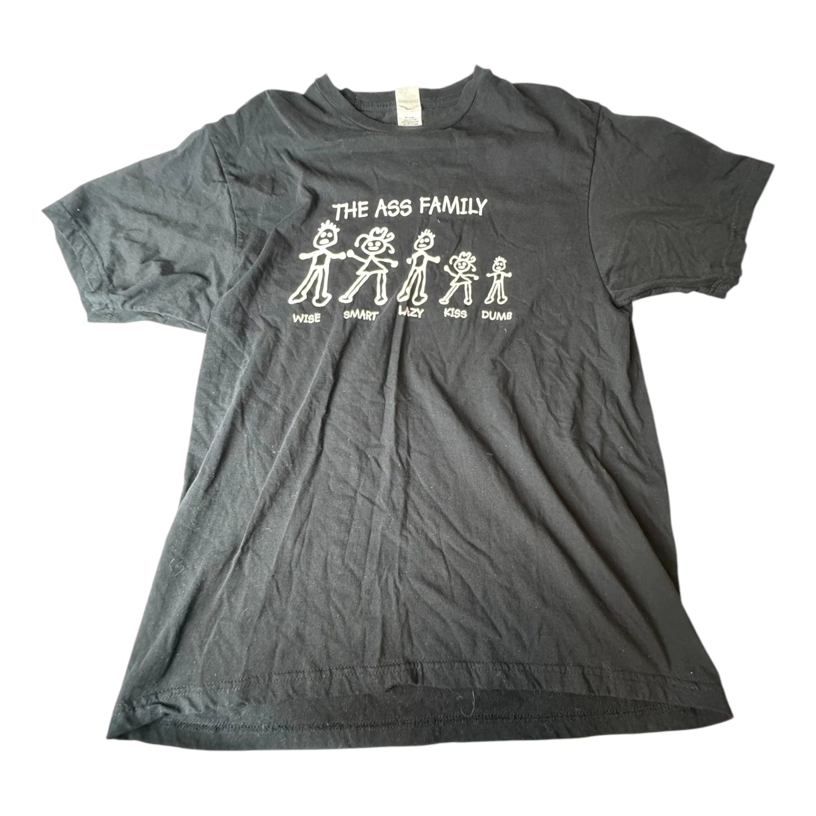 Men's The Ass Family Wise Smart Lazy Kiss Dumb Stick Figure Funny Shirt Size L
