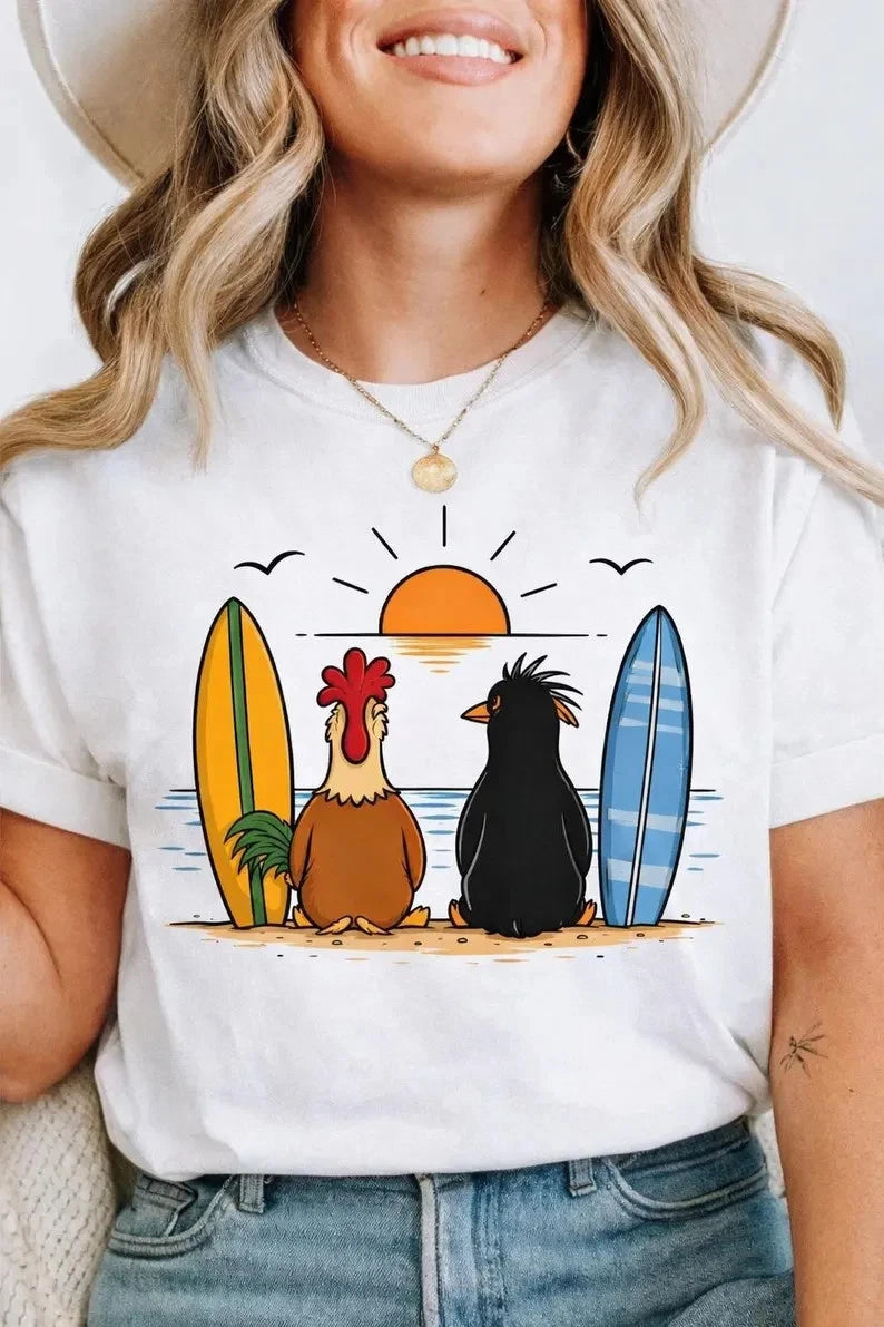 Funny Chicken Penguin Surfing T-Shirt, Beach Sunset Tee, Cute Animal Surf Shirt
