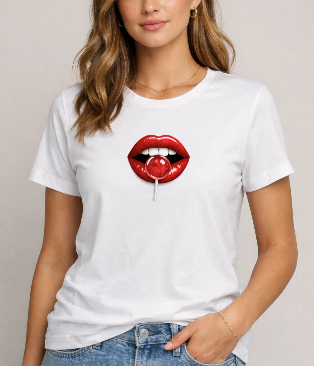 White T‑Shirt – Red Lips with Transparent Lollipop Graphic – Trendy Pop Art Tee