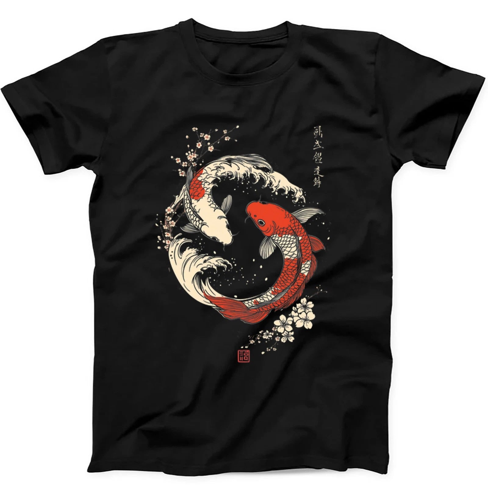 Yin Yang The Great Wave Off Koi Fish Cherry Blossoms Gift Tee Black T Shirt 414