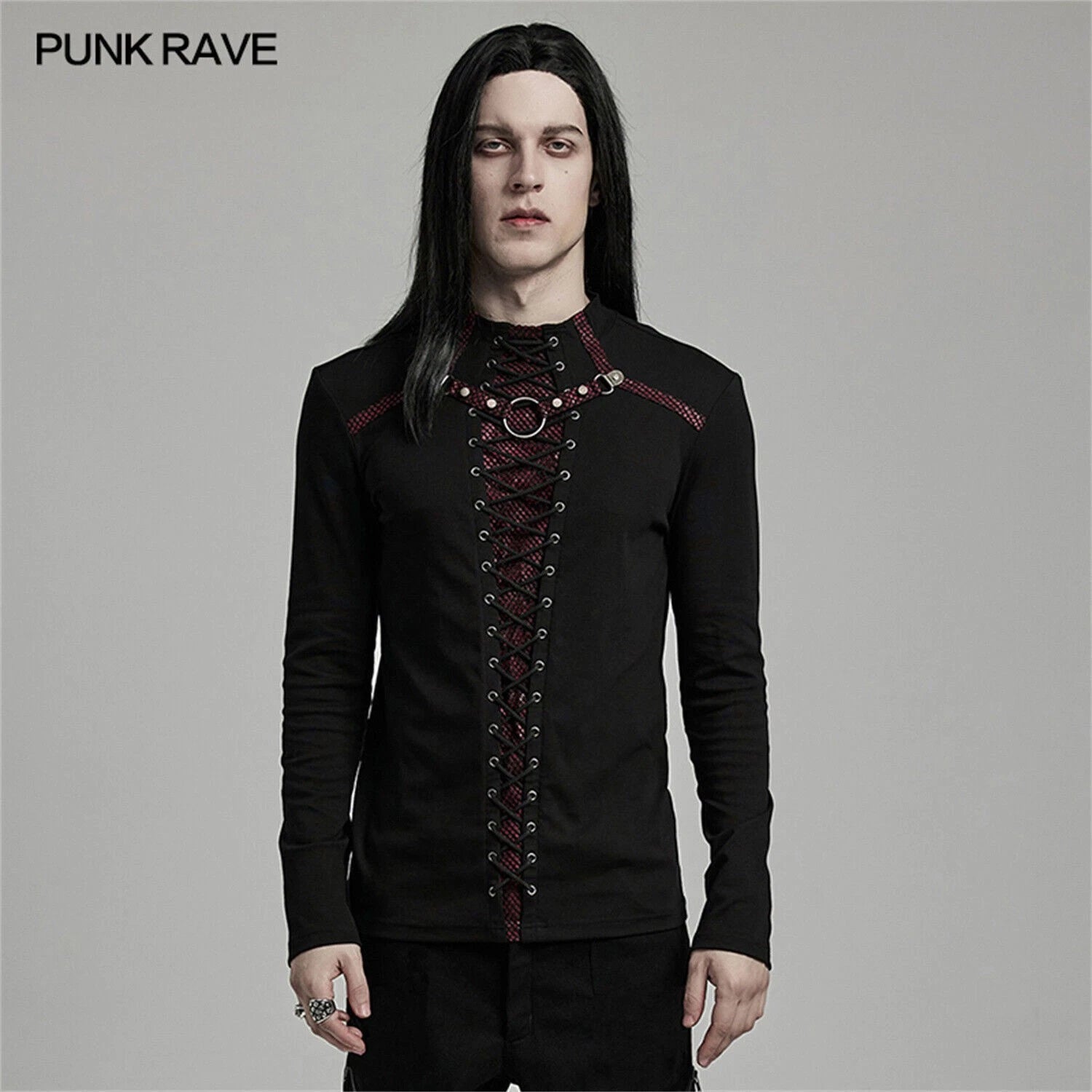 PUNK RAVE Black And Red Gothic Punk Mesh Splicing Long Sleeve Men T-Shirt Top