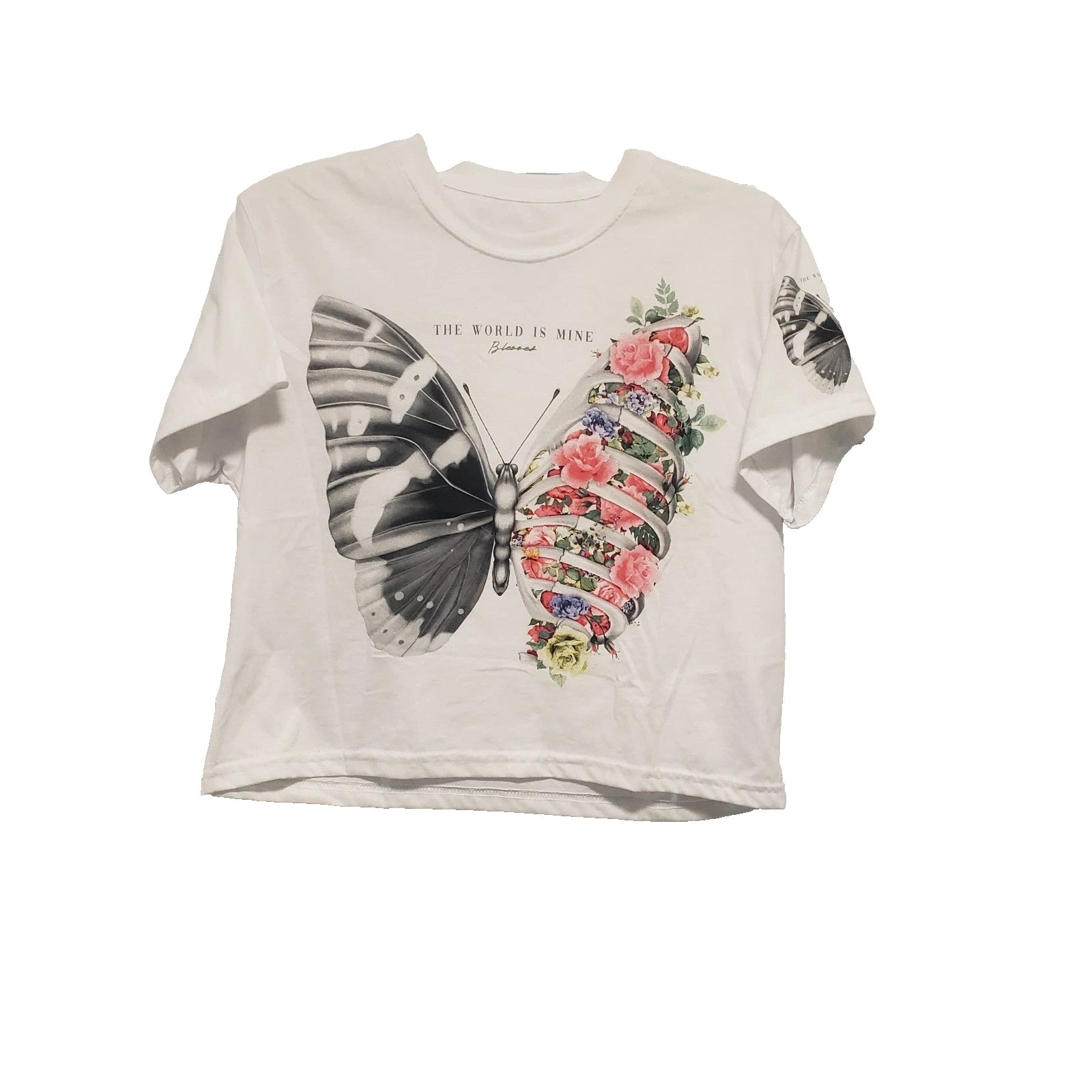 Aesthetic Butterfly Wing & Floral Print T-Shirt, Positive Message   S Crop white