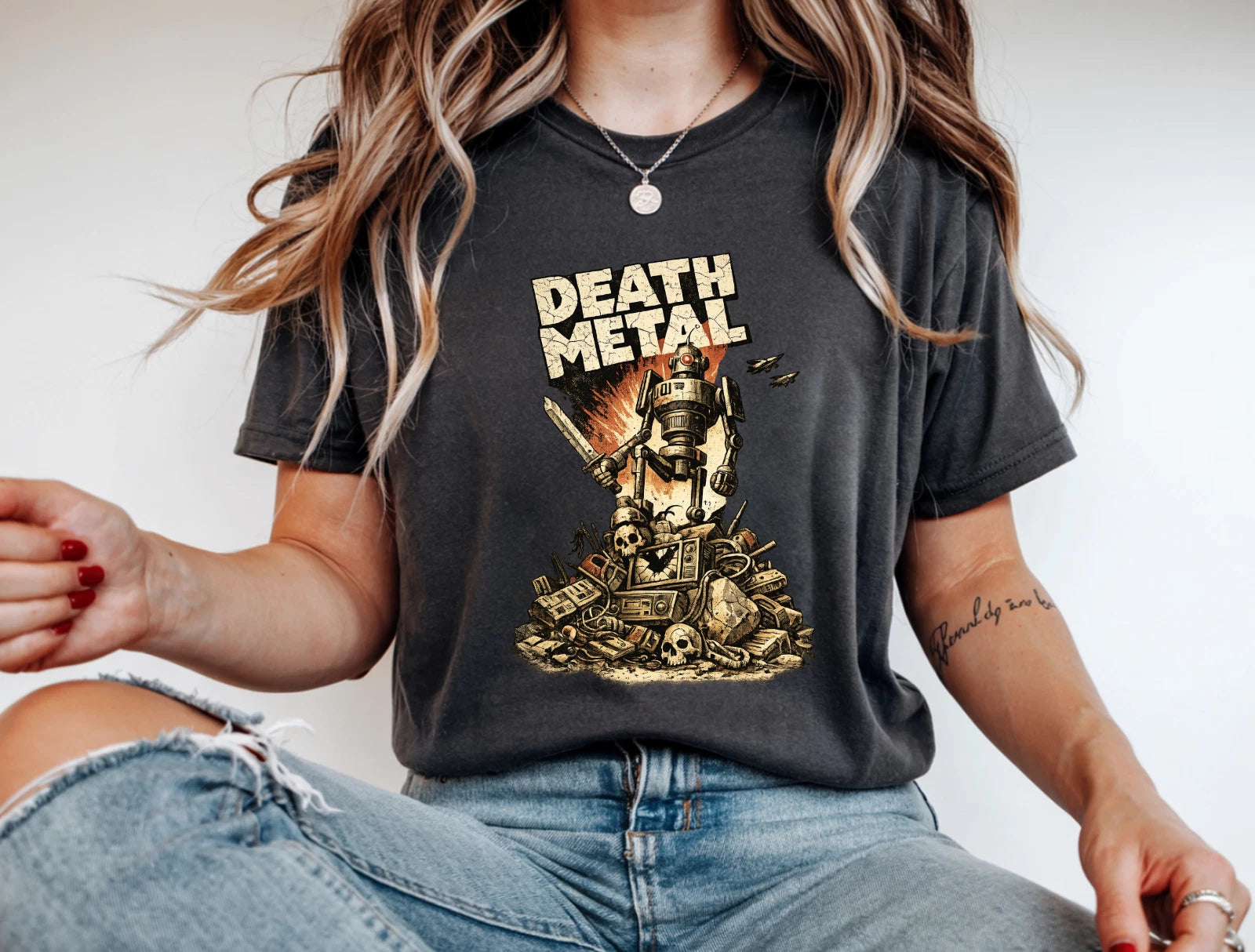 Death Metal Robot T-Shirt Vintage Retro Sci Fi Mecha Skull Graphic Heavy Metal