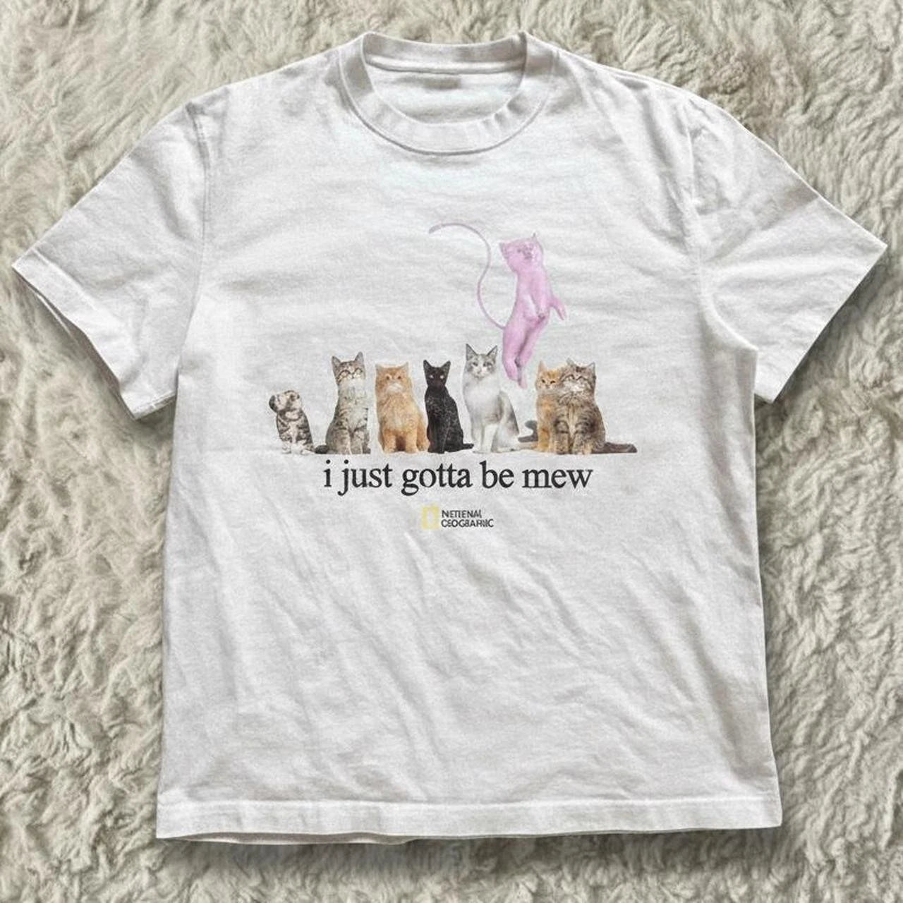white kawaii cat graphic tee, i just gotta be mew reprint t-shirt