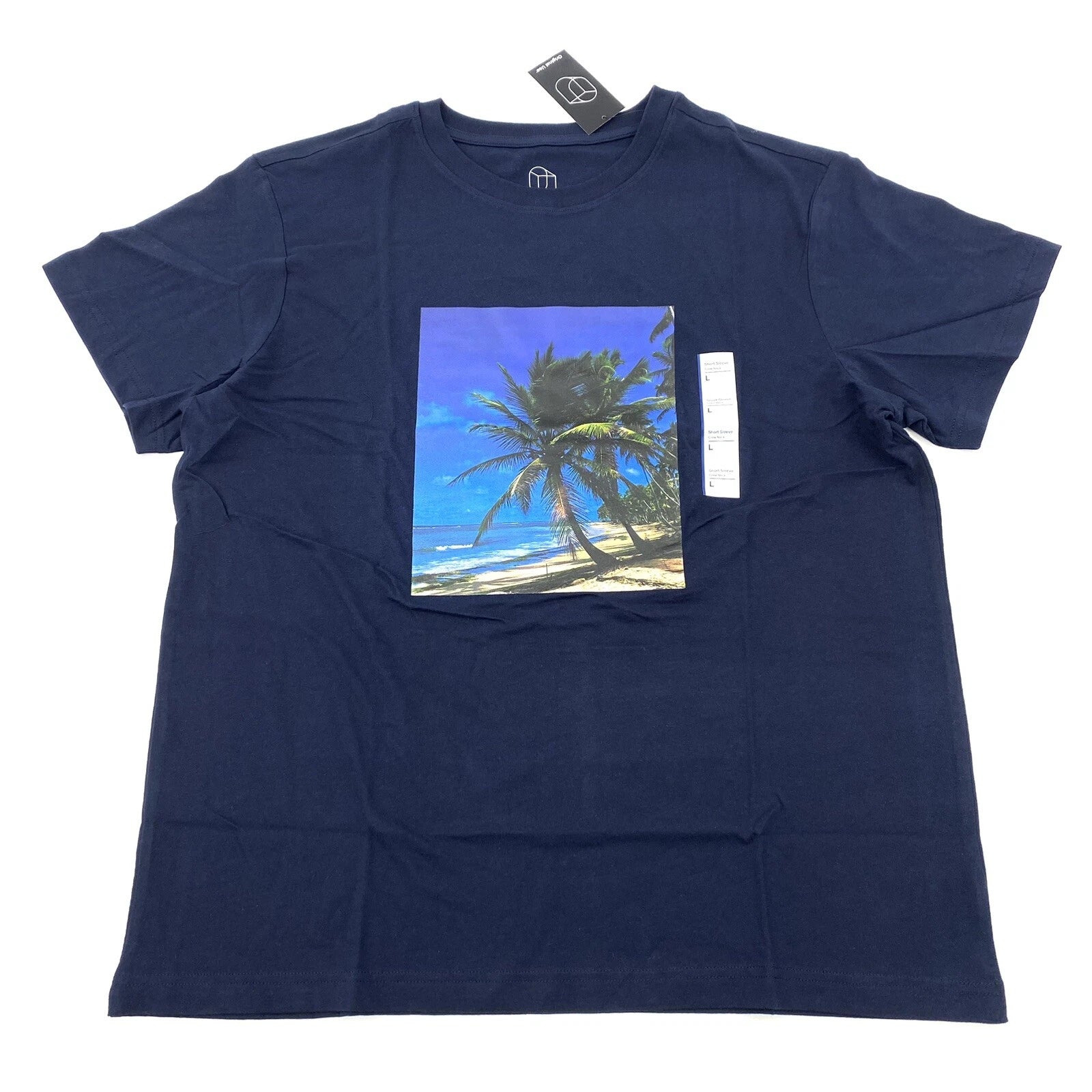 Original Use Mens Size L 100% Cotton Graphic T-Shirt Palm Trees Beach Dark Blue