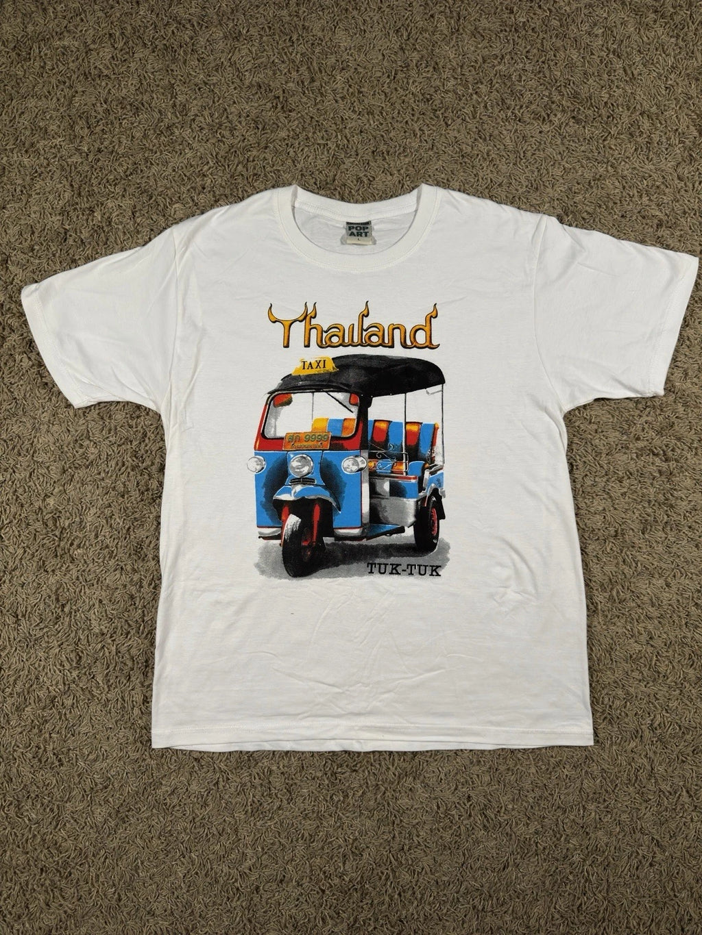 Vintage 90s Thailand Tuk-Tuk White Graphic T-Shirt Size Large Pop Art Collection