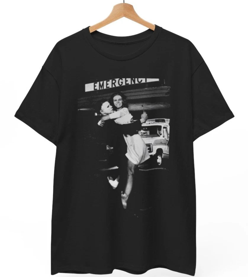 Michael Myers Kissing Jamie Lee Curtis on the Set Horror Movie T-Shirt , Unisex