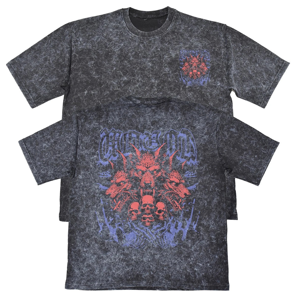 Metal Mens Carbon Grey Heavyweight 240gsm Vintage T-Shirt Gothic Wolf Gift Fo...