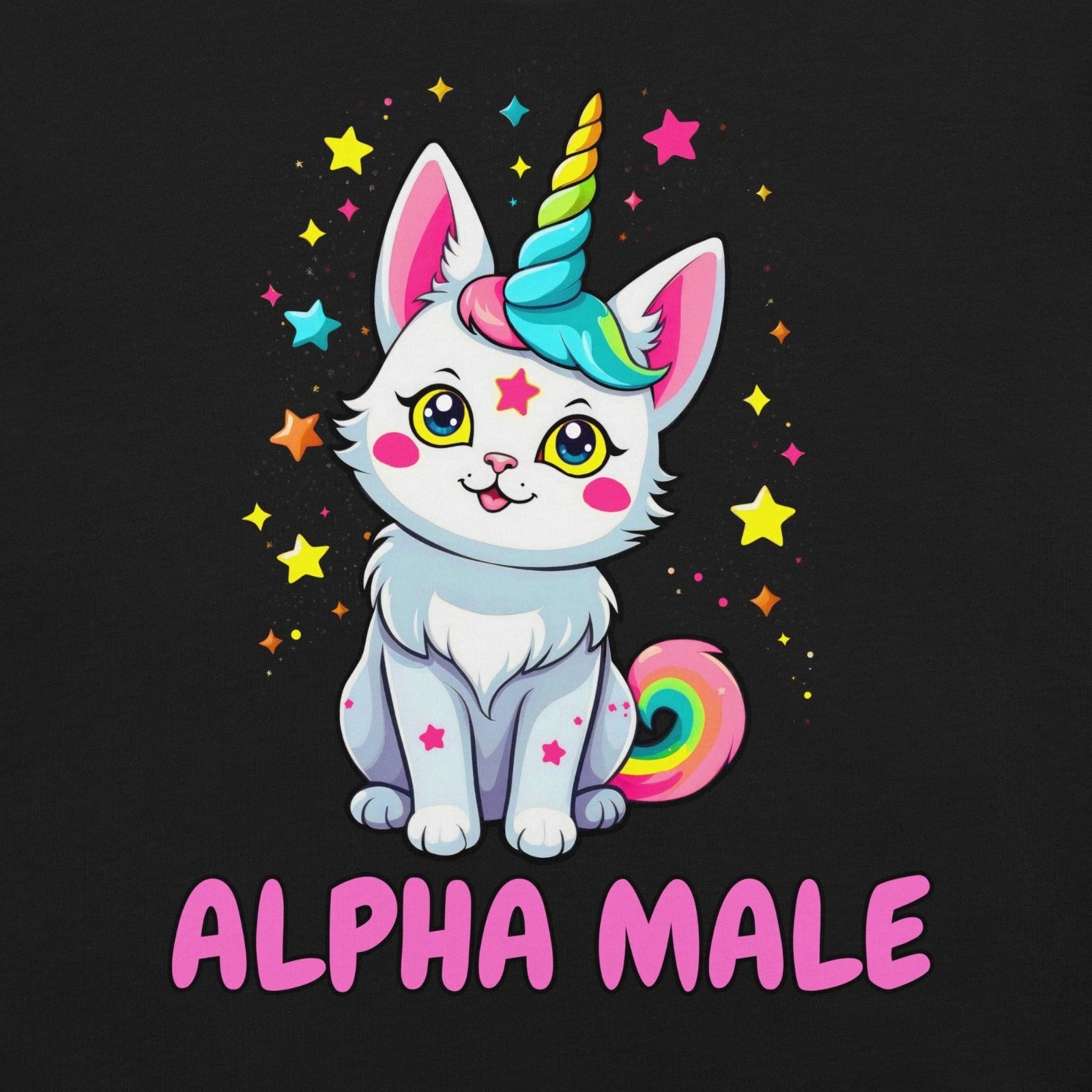 Cute Alpha Male Unicorn Cat Unisex T-Shirt Kawaii Kitten w/ Rainbows and Stars