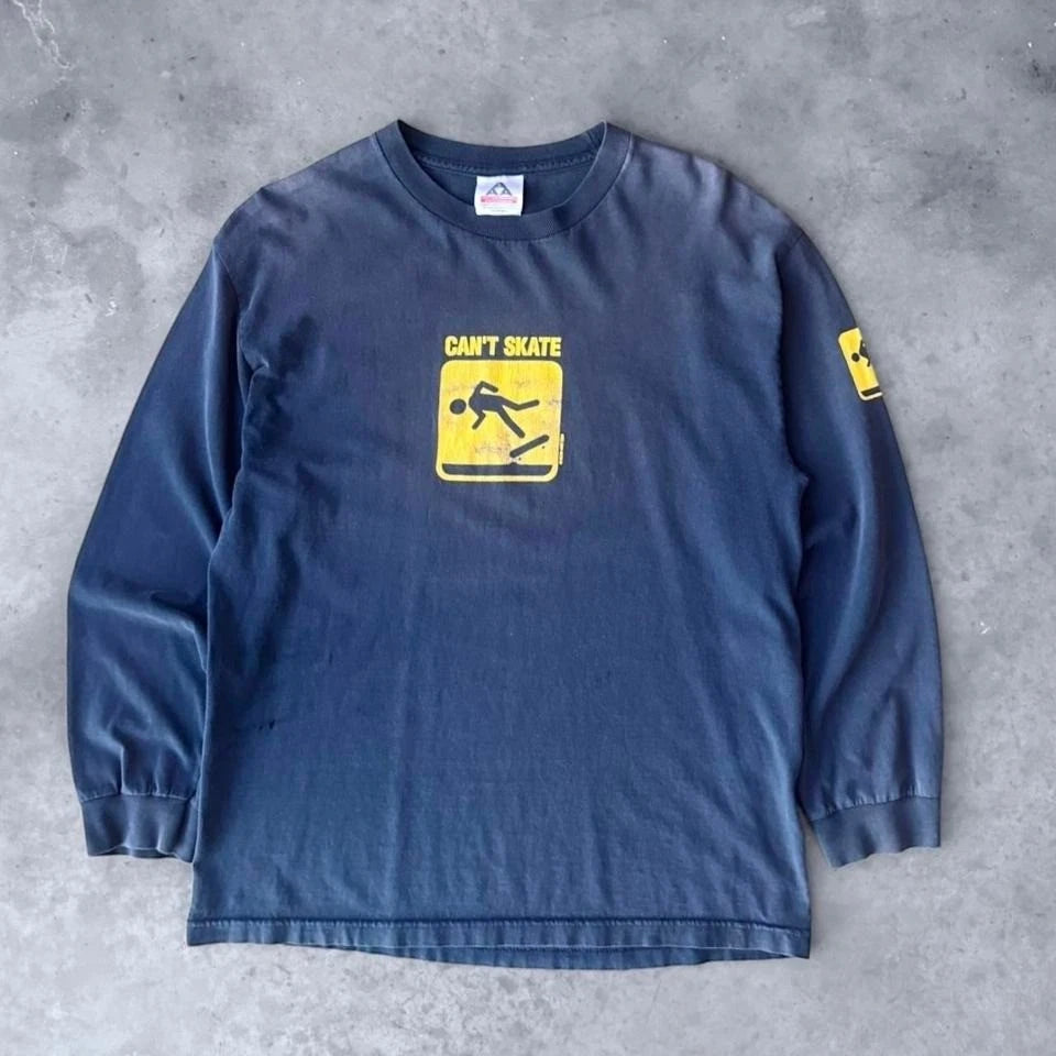 Vintage Y2K Can't Skate Text T-shirt Tee Long Sleeve Sun Faded Large Mens Blue
