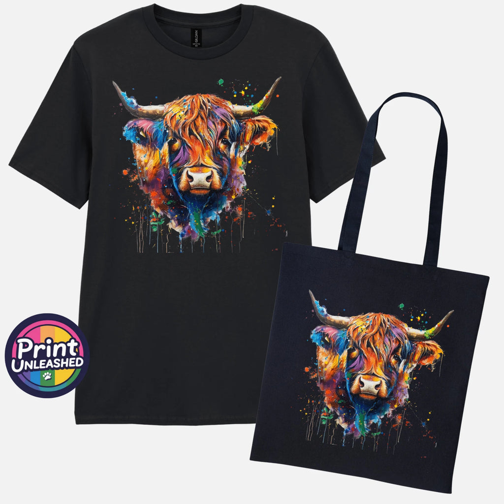Highland Cow T-Shirt & Bag Rainbow Pop Art Graphic Tee Unisex S-2XL Gift Set