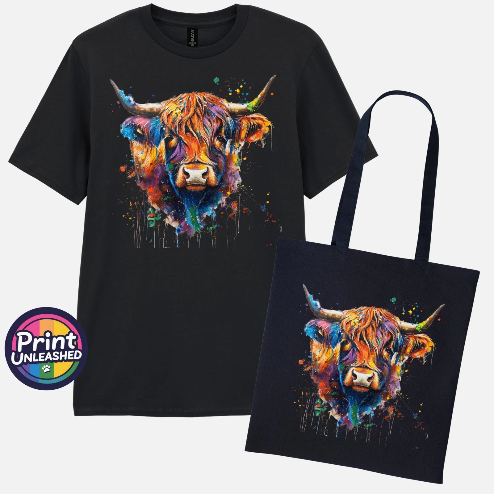 Highland Cow T-Shirt & Bag Rainbow Pop Art Graphic Tee Unisex S-2XL Gift Set