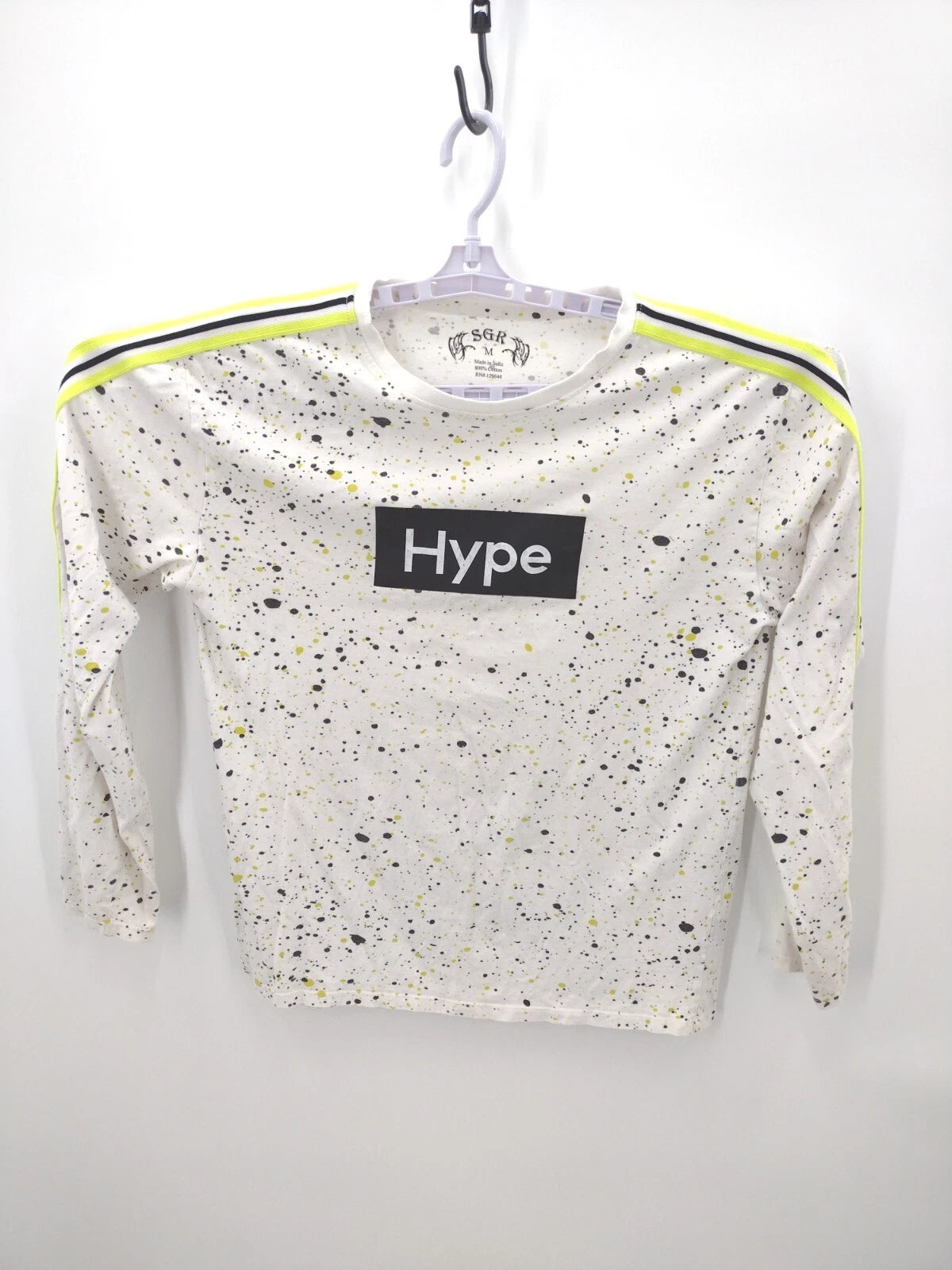 Hype Shirt Mens Medium White Long SLeeve Tee Paint Splatter Speckled Streetwear