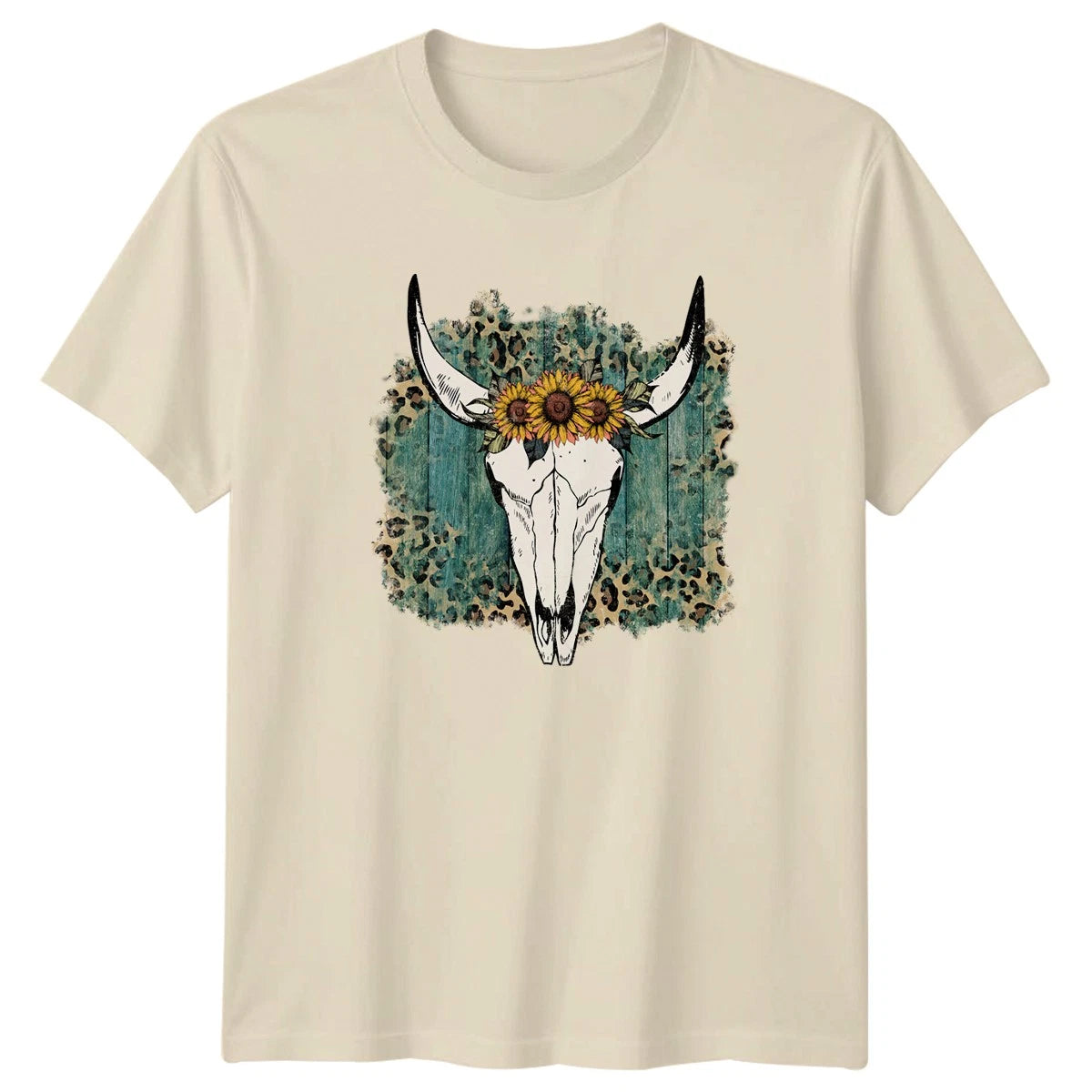 Boho Cow Skull Leopard Print Sunflower Womens T-Shirt Boho Chic Country