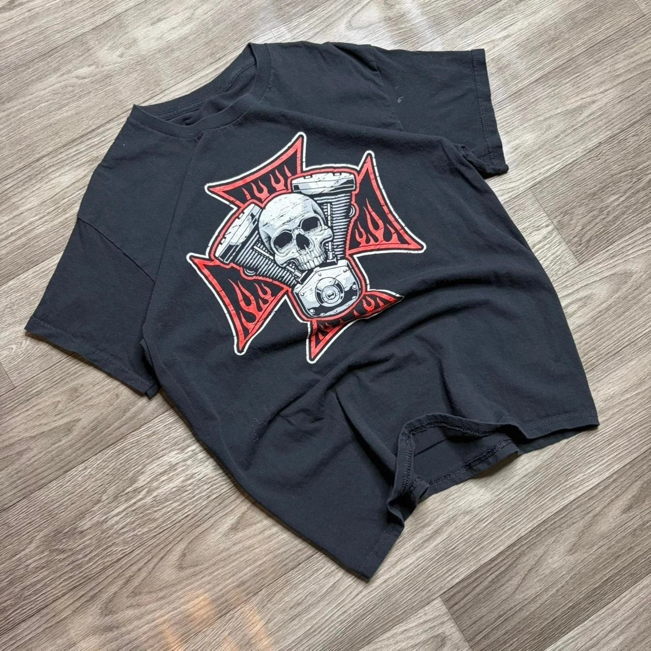 Vintage Y2K Cross Skull Flame Motorcycle West Coast Choppers Graphic Tee Sz L