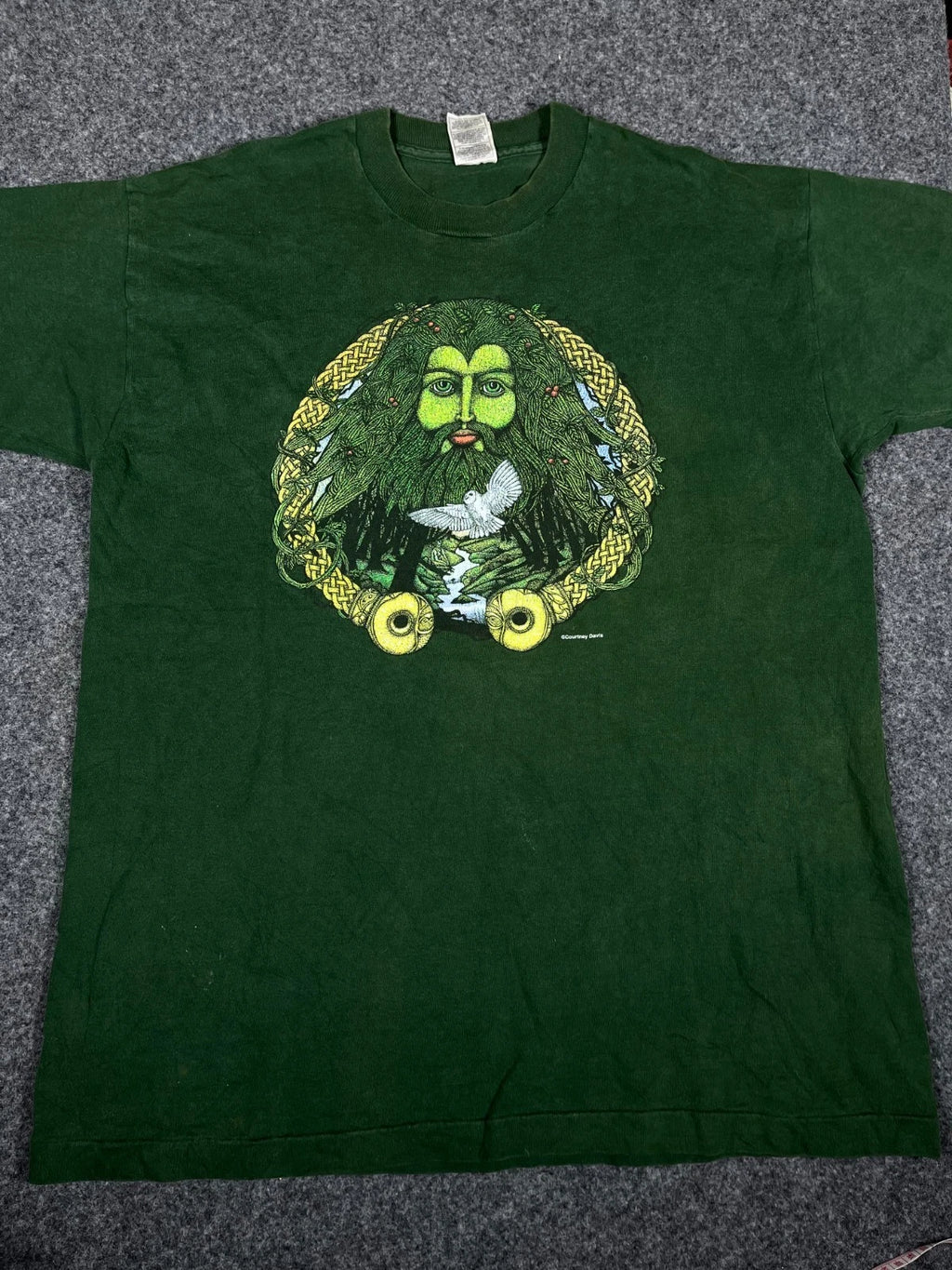 Vintage 90s Fashion Victim Courtney Davis Celtic Art T-Shirt Green Fade XL