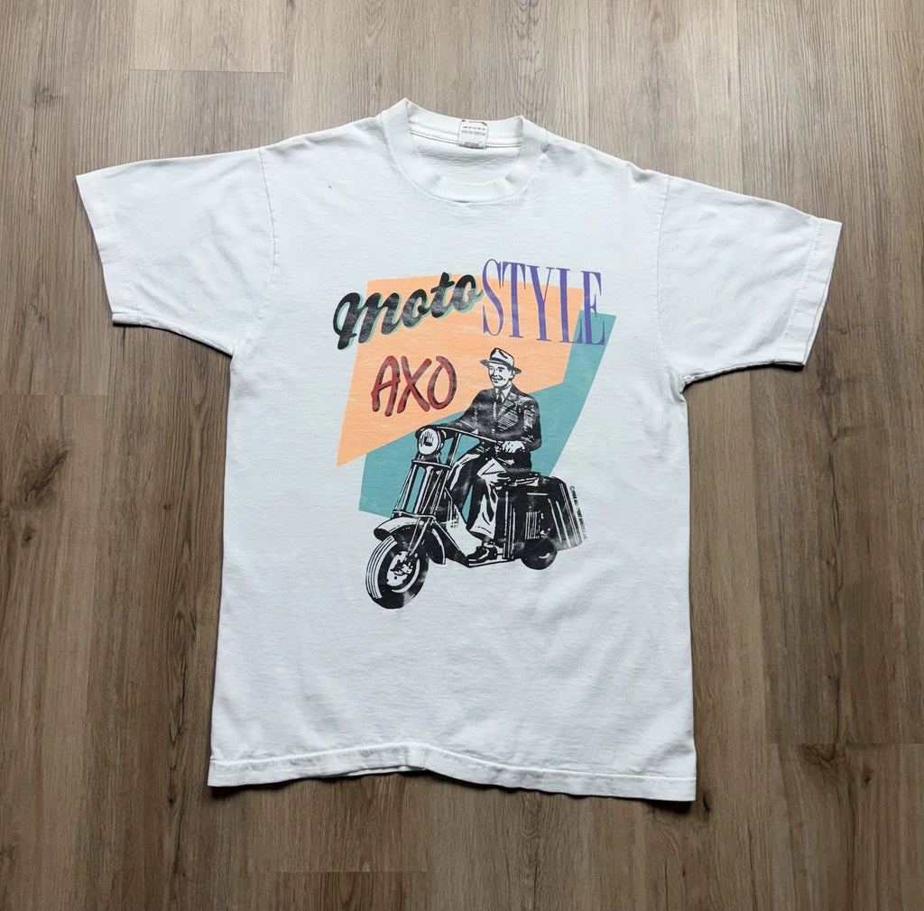 80s VINTAGE Moto Style AXO Pop Art Obscure T-Shirt RARE Size Large Art Deco