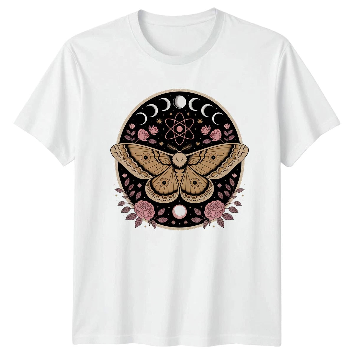 Moth Moon Phases Womens T-Shirt Celestial Witch Spiritual Birthday Gift For Her