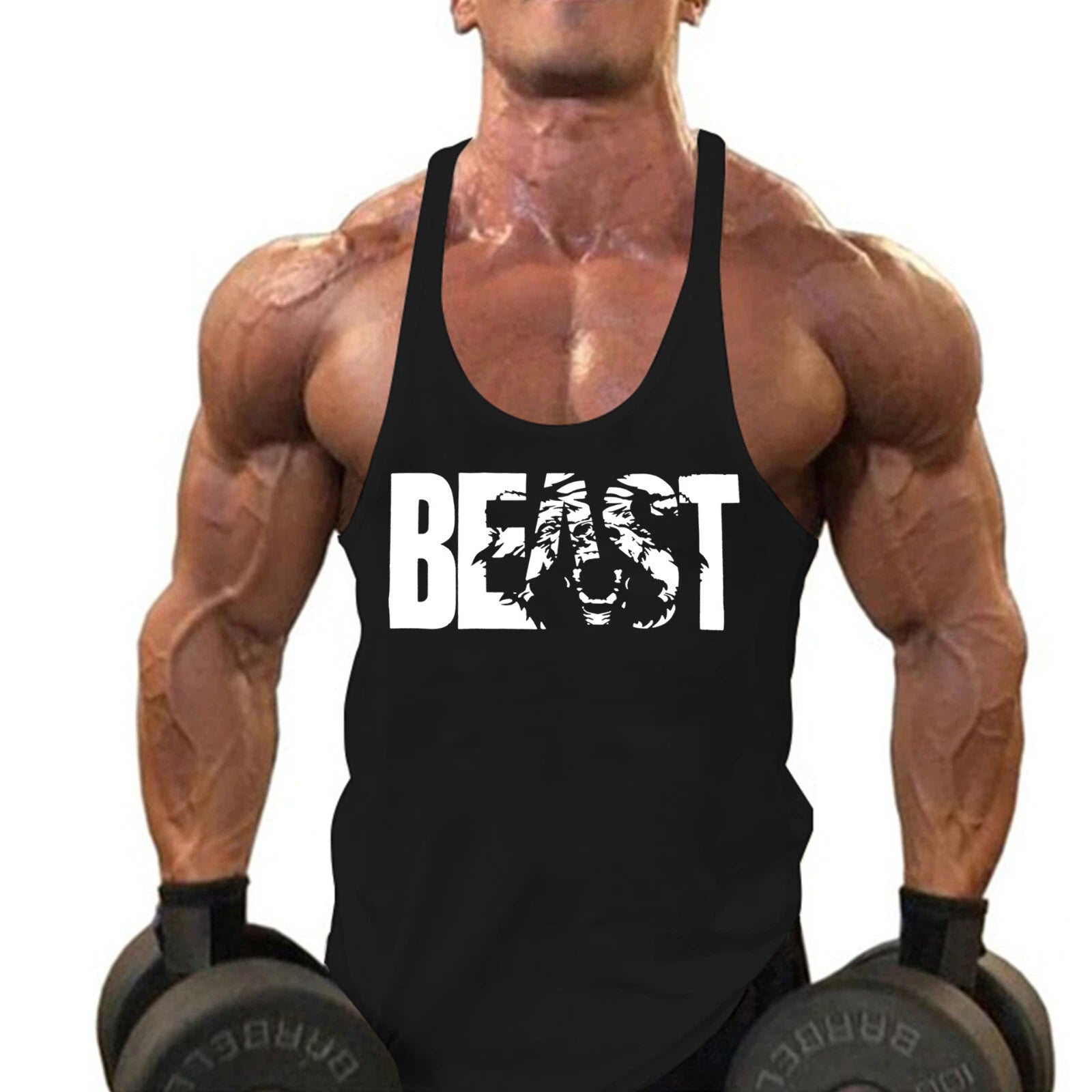 Men Gym Tank Top Workout Printed BEAST Y Back Fitness Bodybuilding Stringer VEST