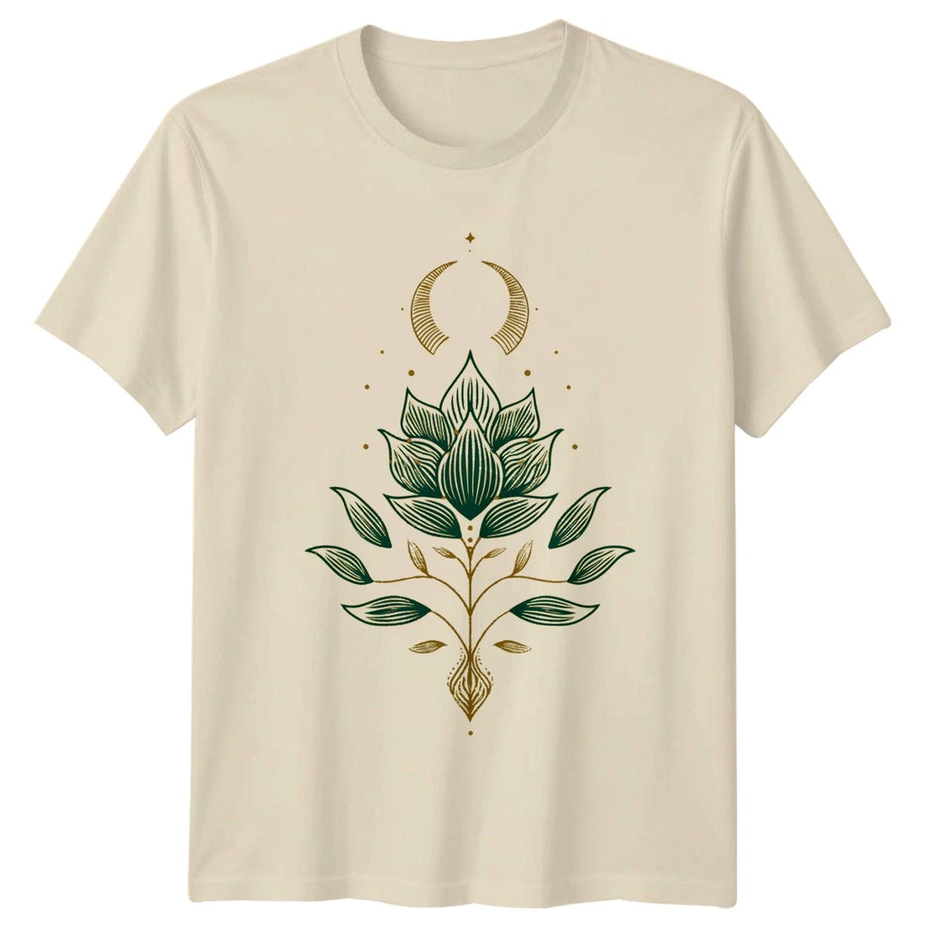 Mystical Boho Celestial Flower Design Womens T-Shirt Lotus Moon Art Nature