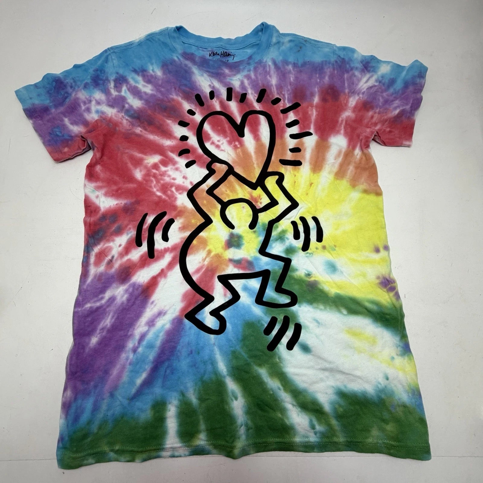 KEITH HARING SHIRT Tie-Dye Rainbow “Dancing Heart” Graphic WOMEN SMALL