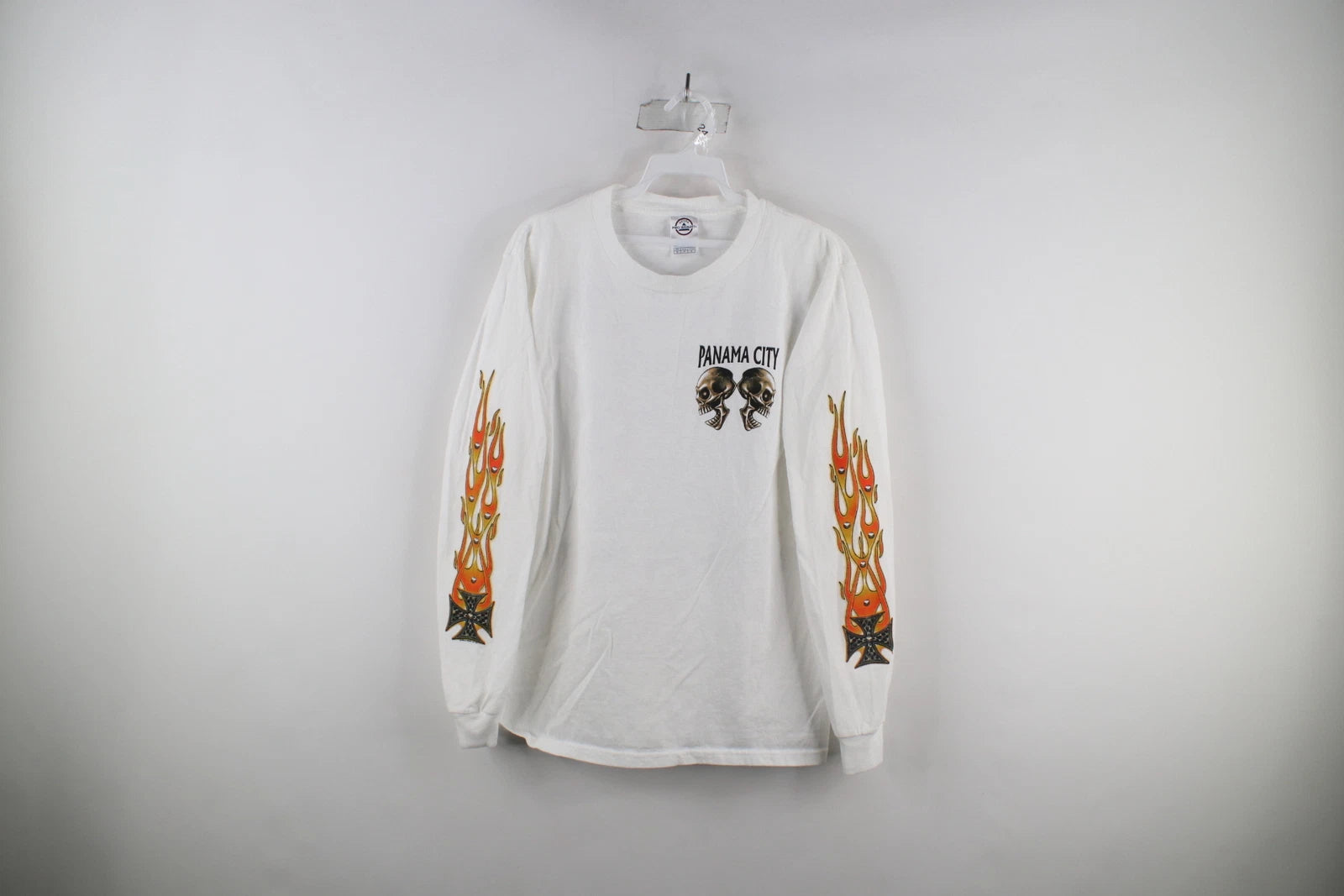 Vtg Y2K Mens S Panama City Bike Week Skull Iron Cross Flames Long Sleeve T-Shirt