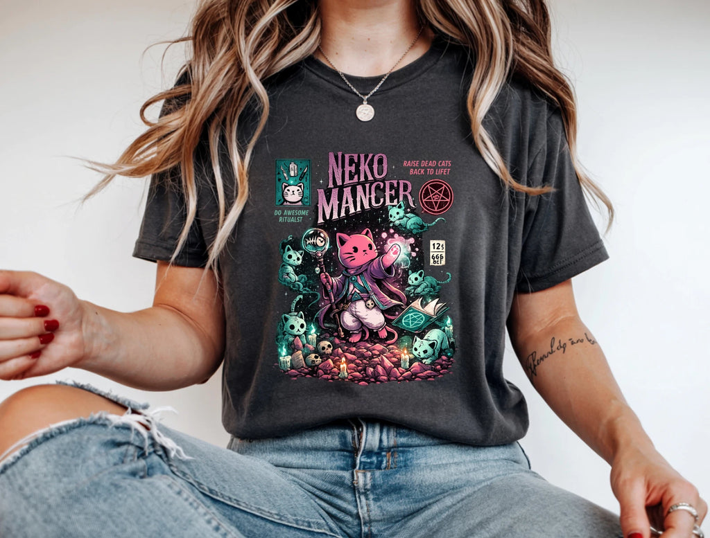 Nekomancer Cat T-Shirt Cute Necromancer Kitty Gothic Halloween Graphic Tee