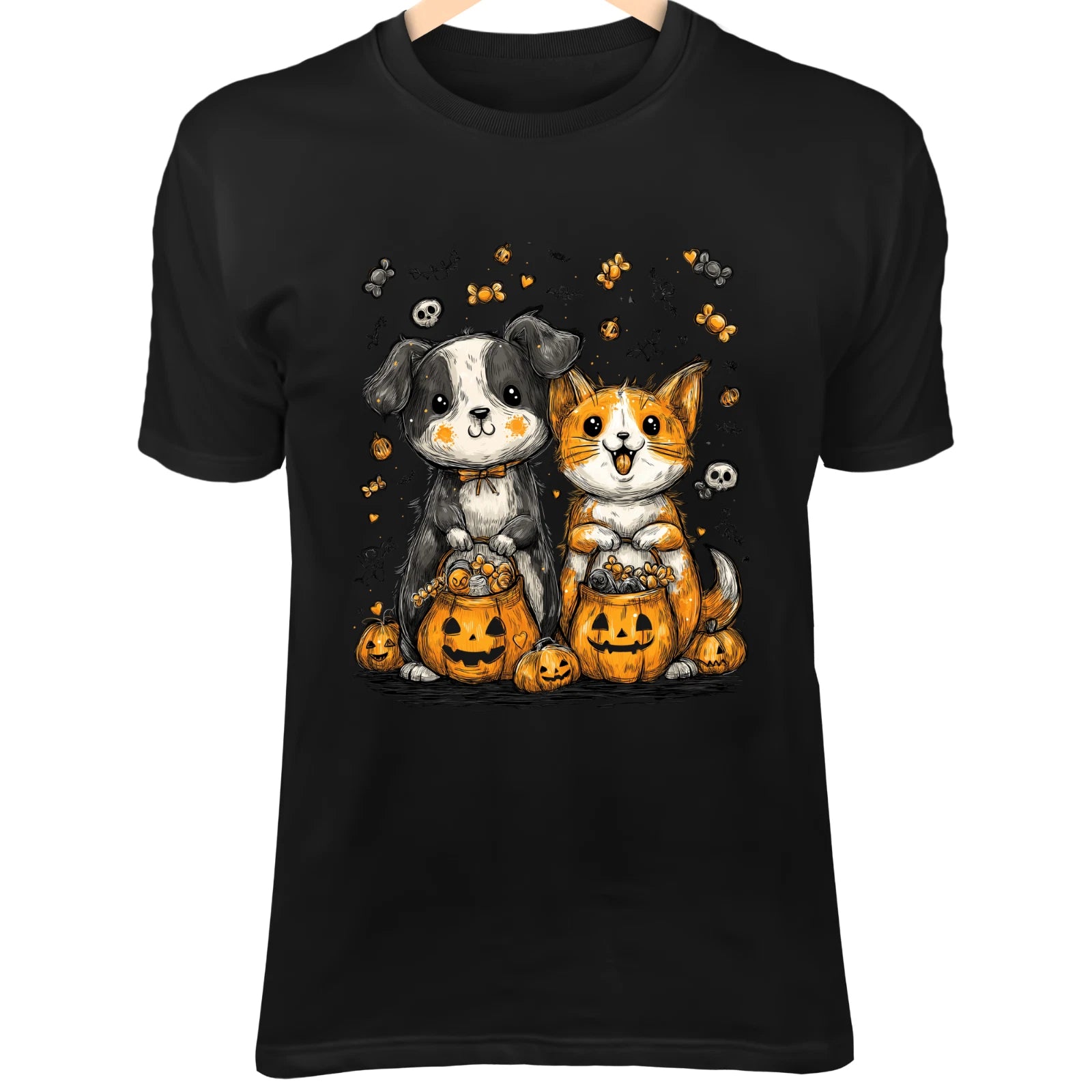 Halloween Dog & Cat Art II - Cute Minimalist Cartoon with Candy Bags & Pumpkin