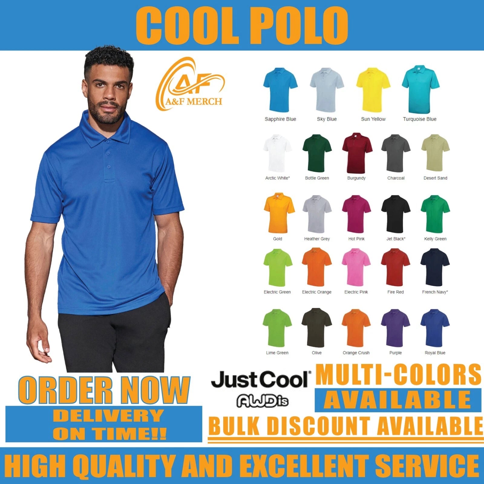Just Cool Awdis Polo T-shirt Plain Casual Short Sleeve 100% Polyester JC040