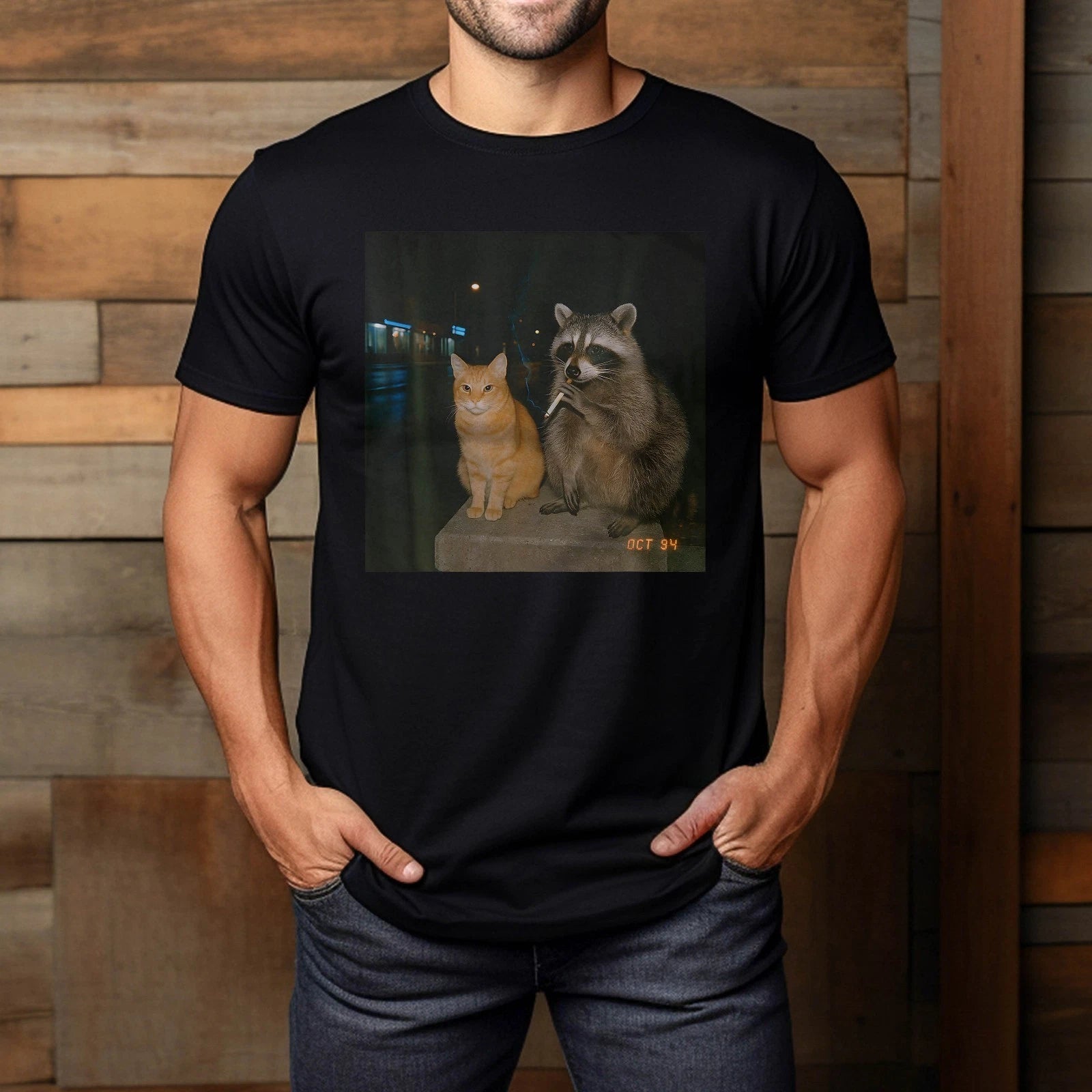 Vintage Raccoon Cat Smoking Aesthetic Night Photo 90S Vibe T-Shirt