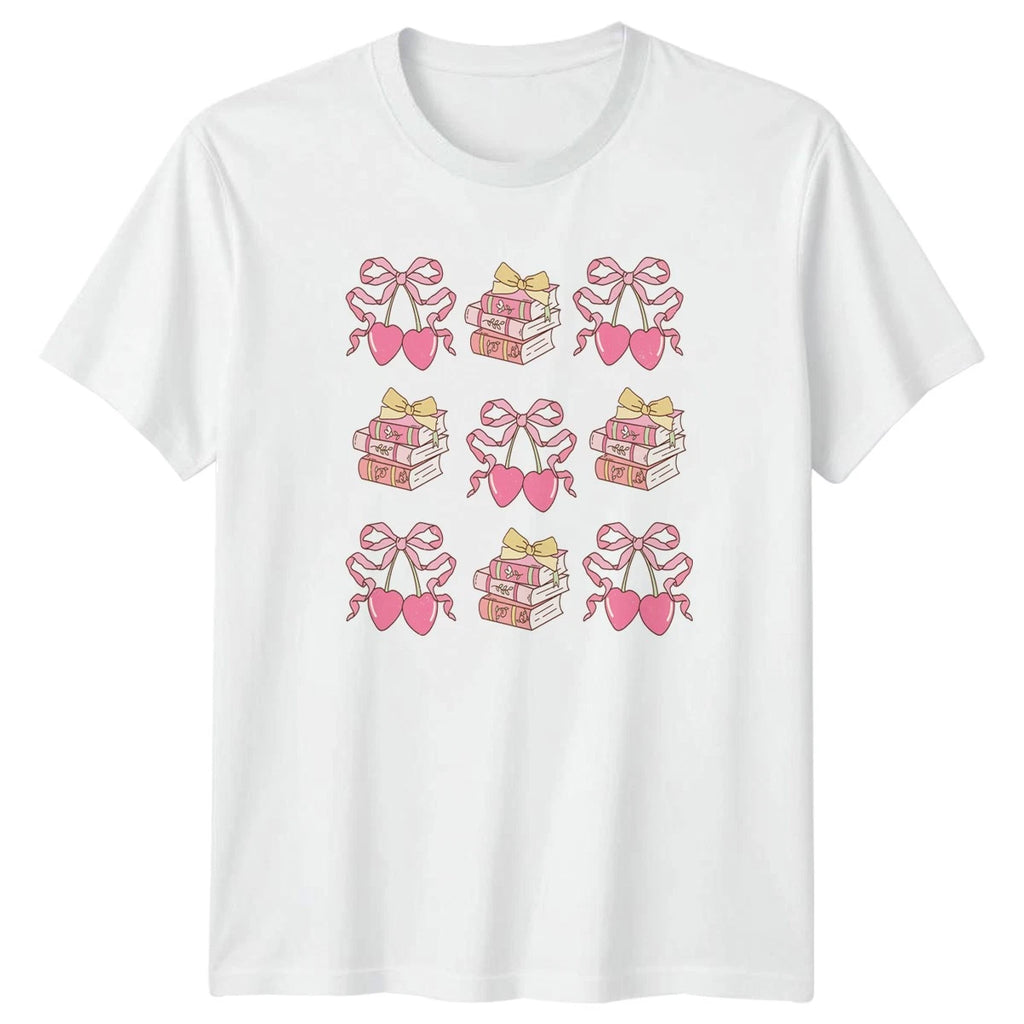Pink Bow Hearts Book Stack Pattern Womens T-Shirt Coquette Aesthetic Reading