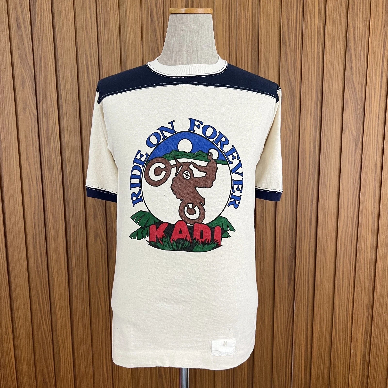 Vintage 70s-80s Velva Sheen Ride On Forever KADI Motorcycle Ringer T Shirt USA