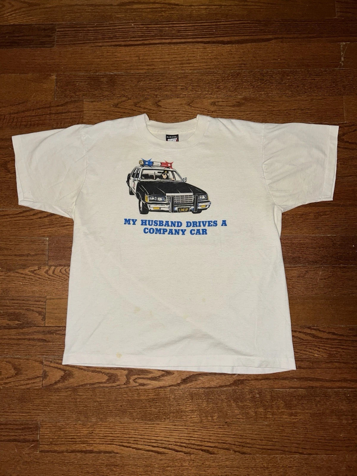 Vintage 90s Police Officer Company Car T Shirt Mens XL White Funny Art USA Rare