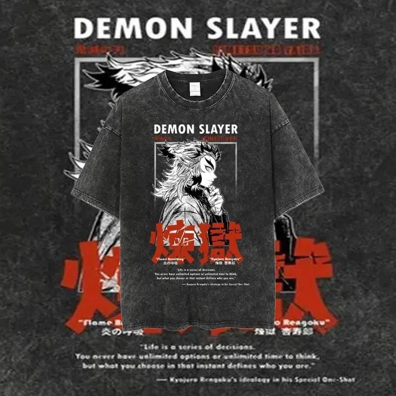 Demon Slayer Rengoku T-Shirt Vintage Washed Anime Graphic Tee Cotton Top