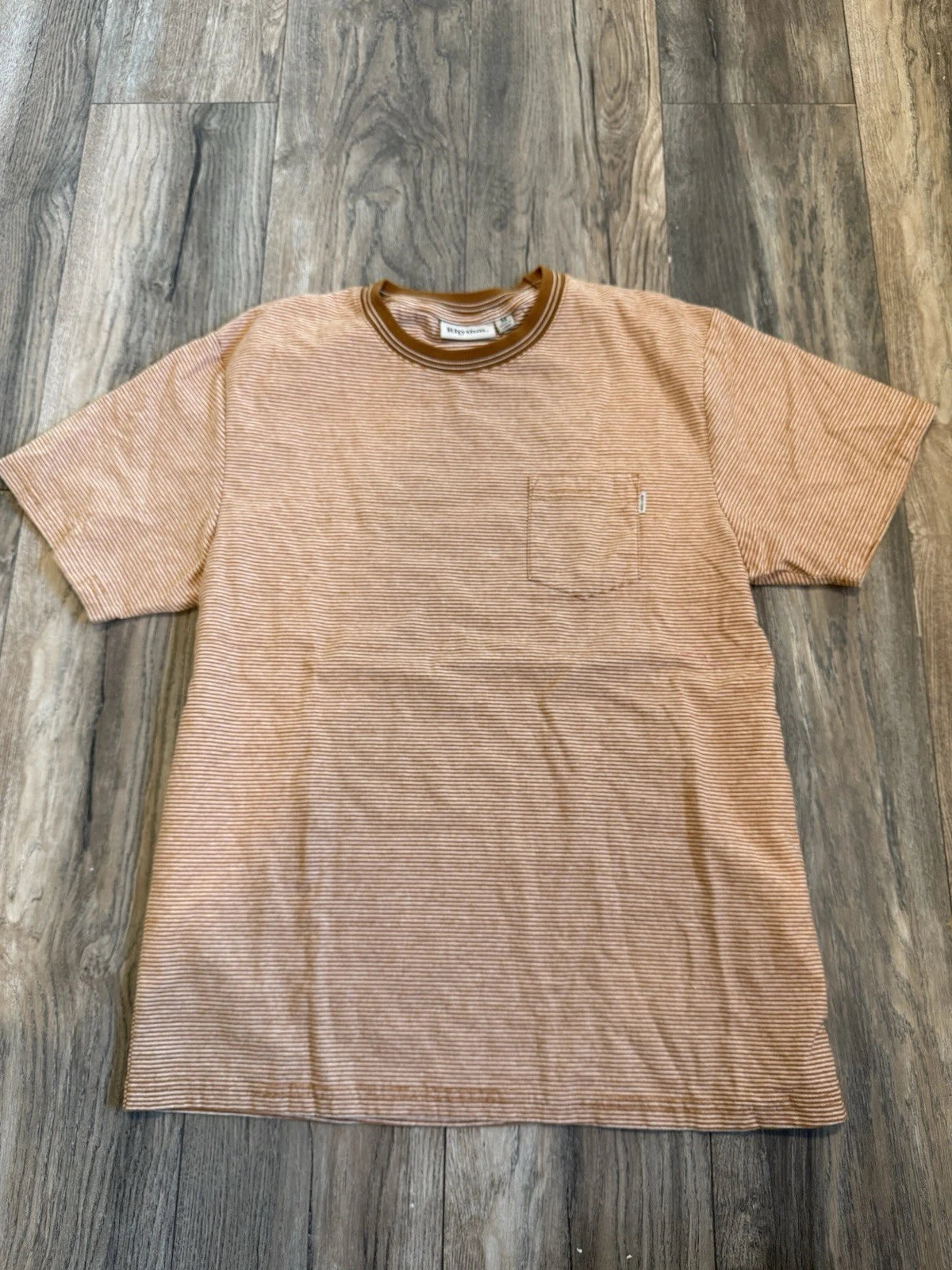 Rhythm Mens Medium Striped Pocket T Shirt Brown Cream Short Sleeve Surf Skate