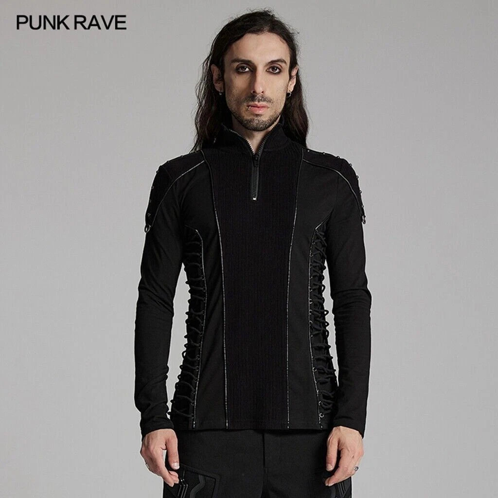 Punk Rave Men Black Gothic Cyber Punk Stand Up Collar Personalized T-Shirt