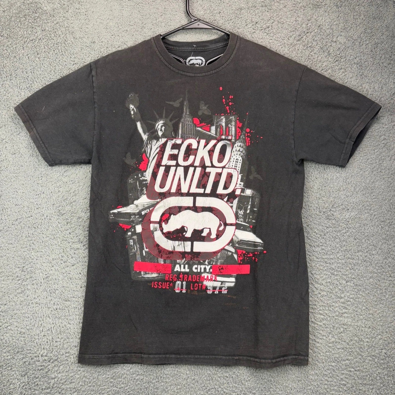 Ecko Unltd Mens T-Shirt Medium Black NYC Graphic Rhino Logo All City Streetwear