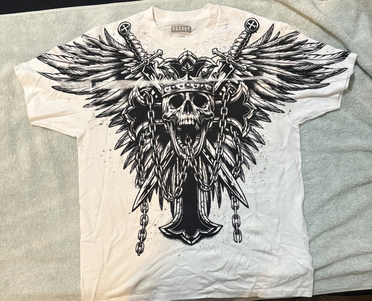 BOXSET Shirt Adult Large White Tee, Gothic-style graphic of a winged skull