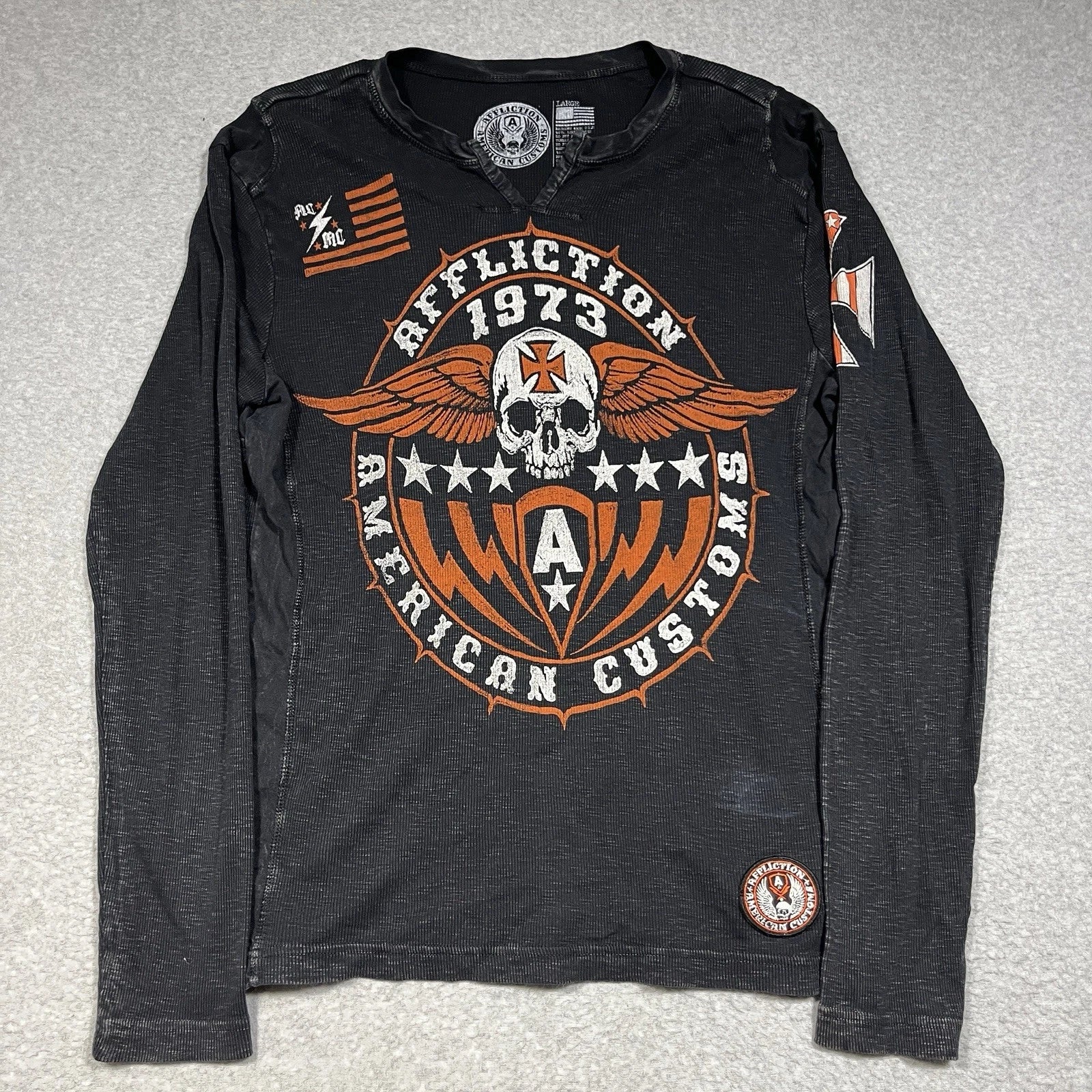 Affliction Shirt Mens Large Thermal Y2K Skull Cross Graphic Long Sleeve Henley