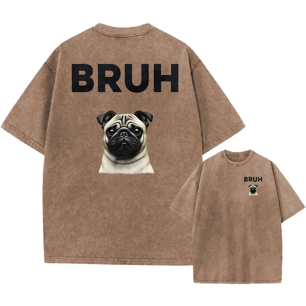 Oversized Vintage Washed T-Shirt, Funny Pug "BRUH" Print Unisex Casual Tee