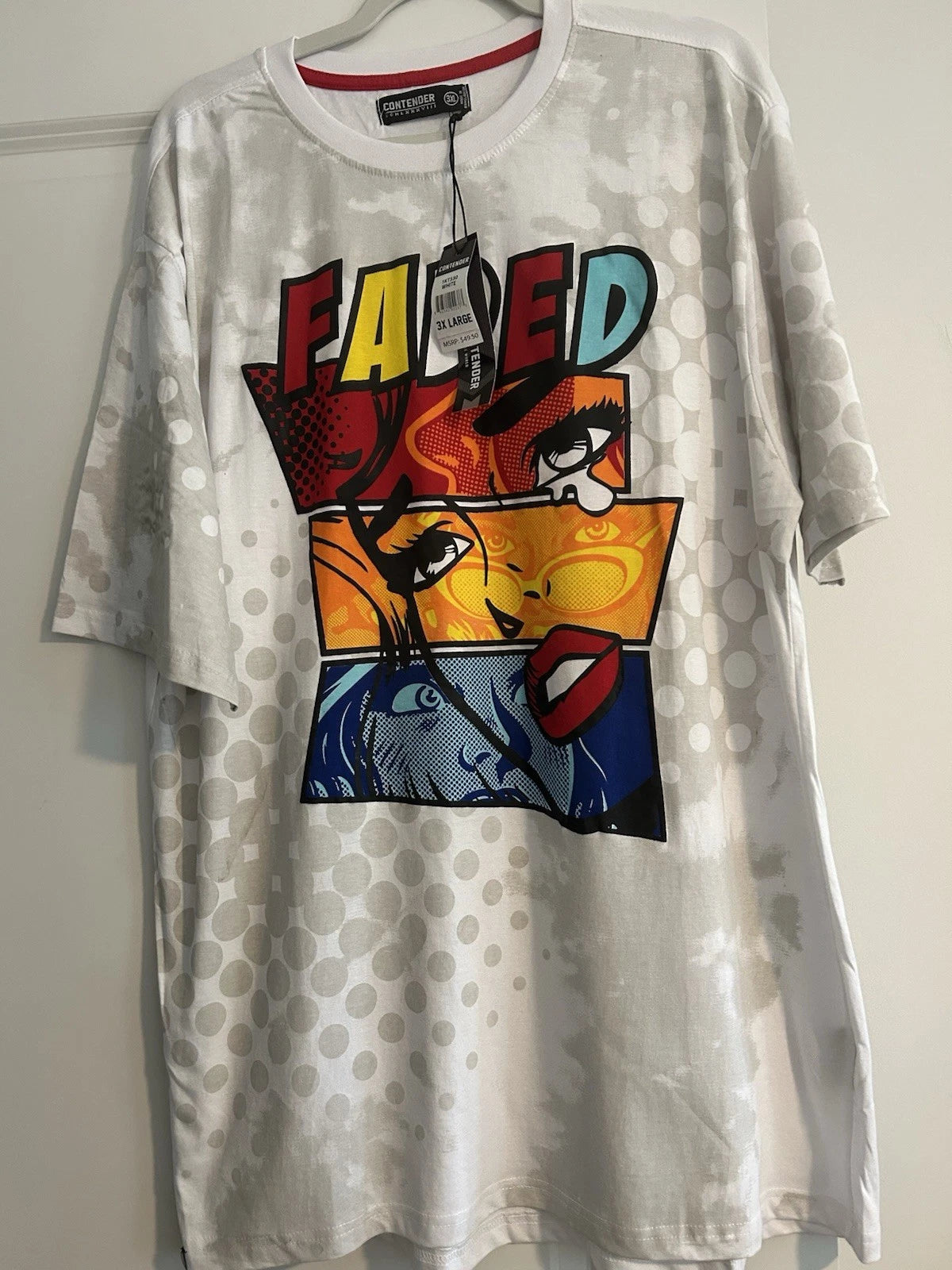 NWT Contender Streetwear Tee White W/Faded Comic Pop Art Short Sleeve Size 3XL