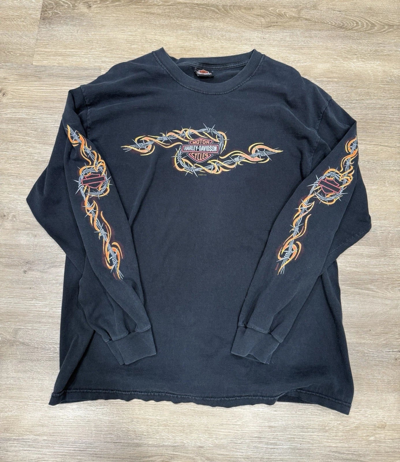 Vintage Y2K Harley Davidson Long Sleeve Shirt Barbwire  Sleeves Faded Size Large