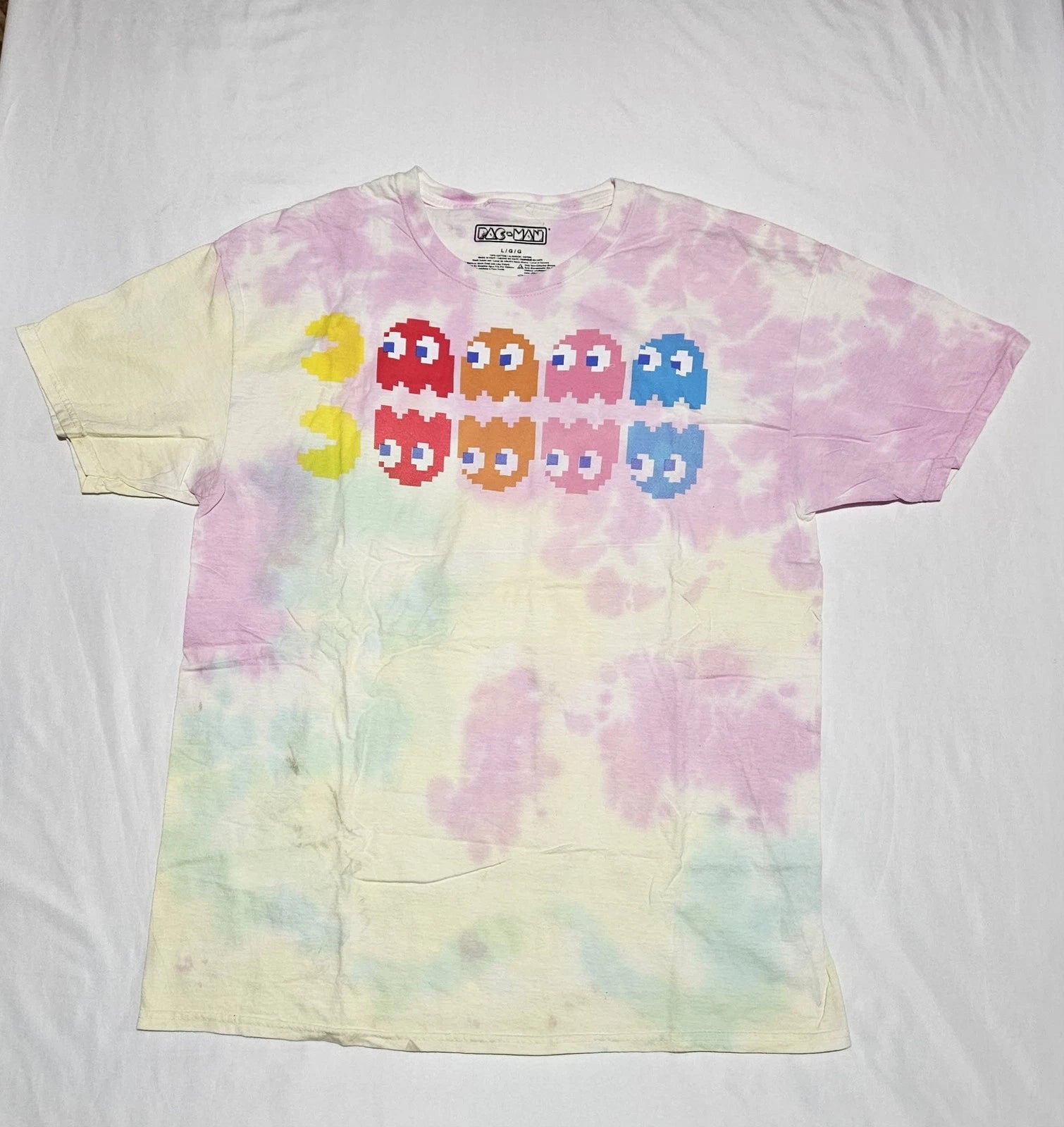 Pac-Man L Unisex Pink Tie Dye Ghosts Pixel Art Retro Arcade Graphic T-Shirt