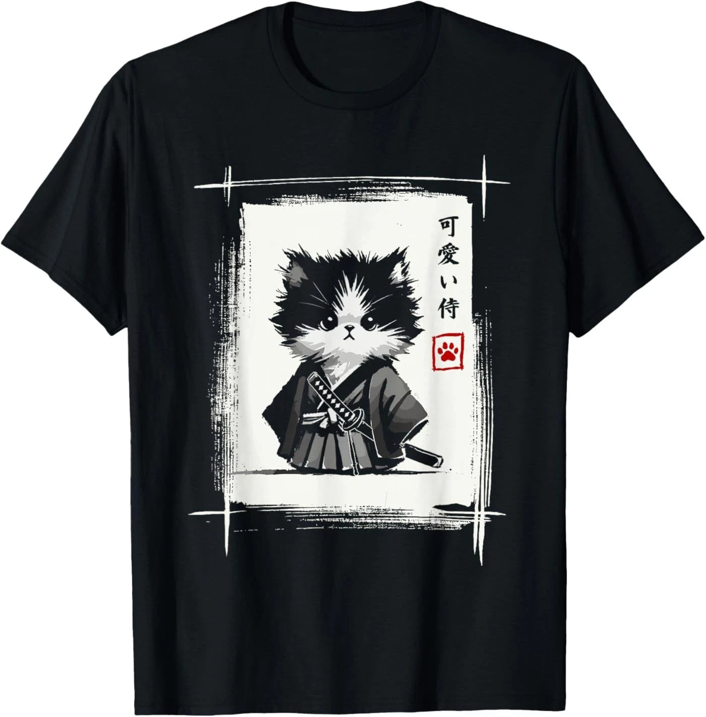 Samurai Cat Japanese Art Sumi-e Novelty Kawaii Funny Cat T-Shirt