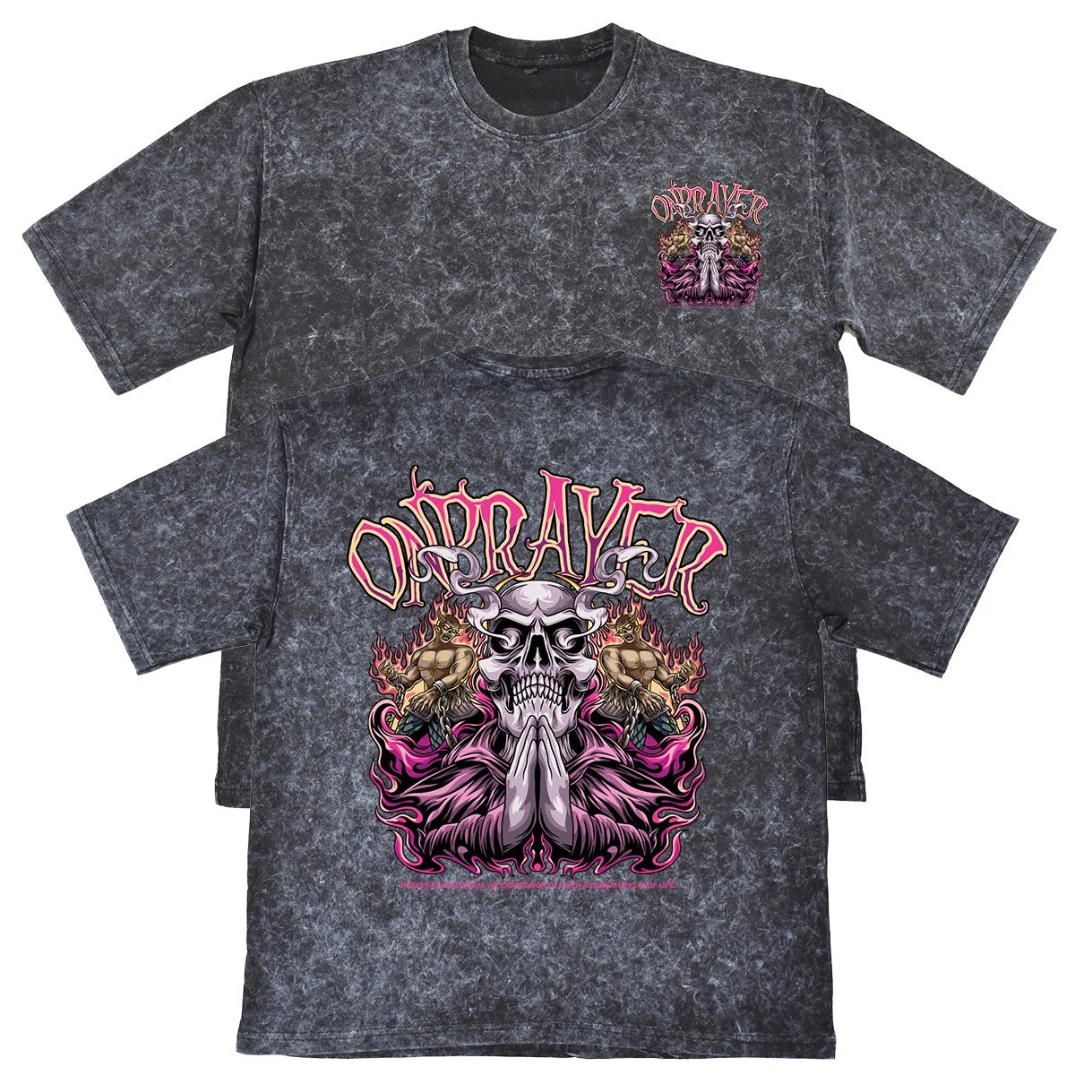 On Prayer Mens Carbon Grey Heavyweight 240gsm Vintage T-Shirt Skull Gift For Him