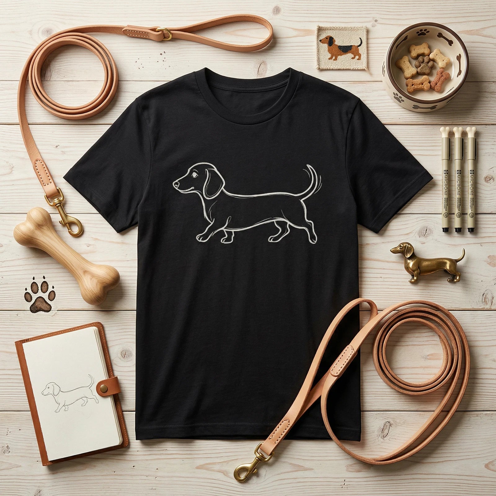 Dachshund Dog Line Art Graphic T-Shirt Minimalist Cute Tee Men Women Black